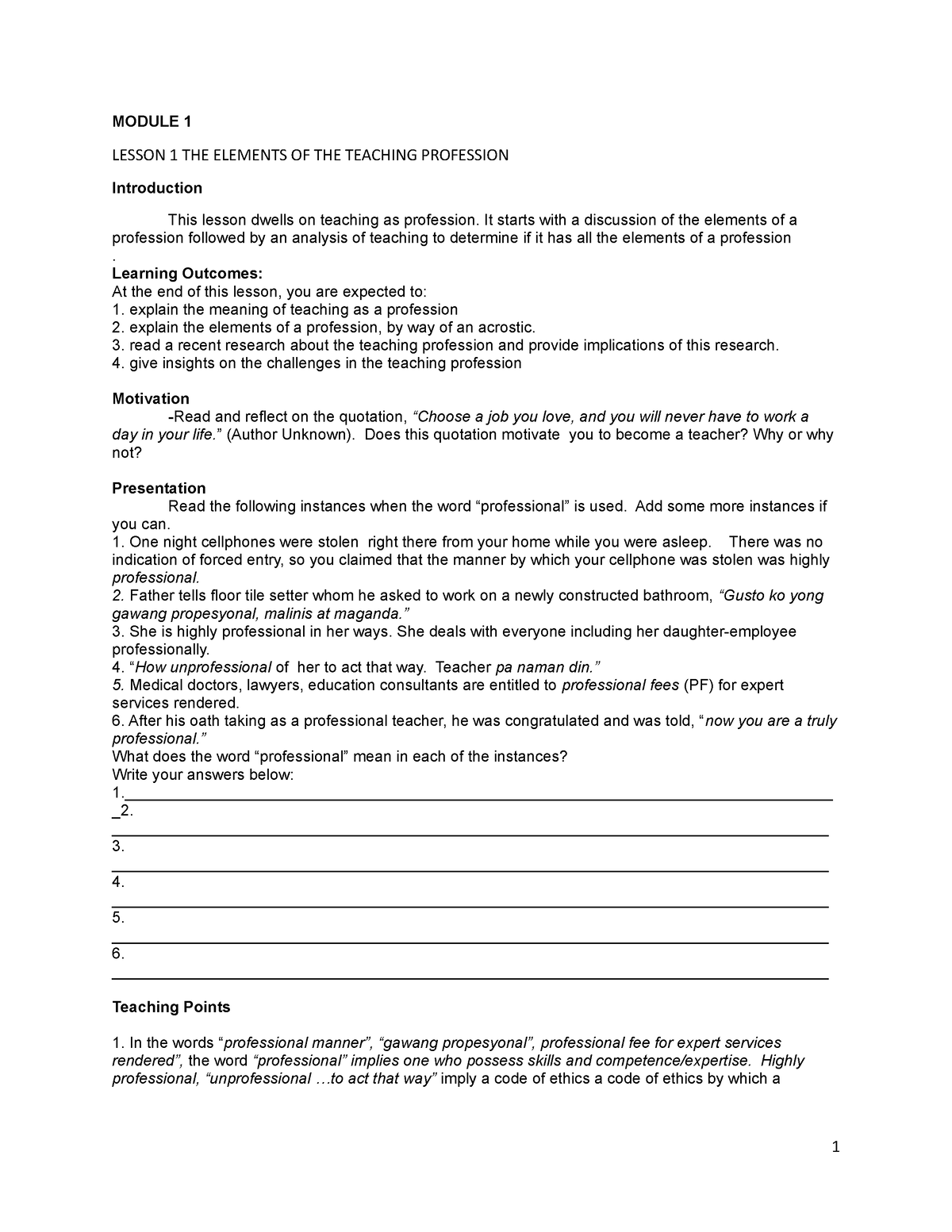 Teaching-PROF- Module - MODULE 1 LESSON 1 THE ELEMENTS OF THE TEACHING ...