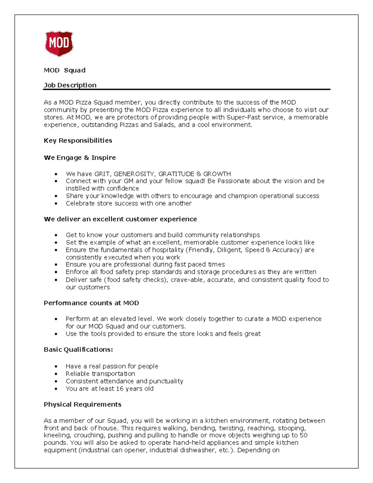 SquadJob Description Minor Least JD MOD Squad Job Description As a