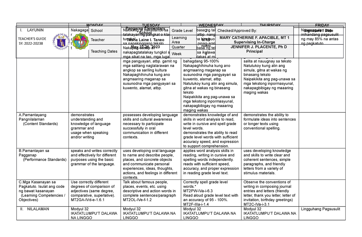 Grade 2 DLL MTB 2 Q4 Week 5 - MONDAY TUESDAY WEDNESDAY THURSDAY FRIDAY ...