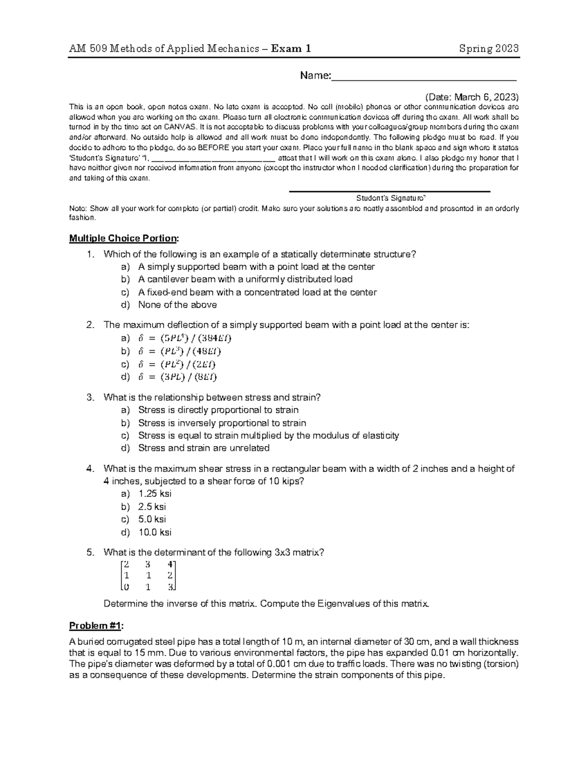 Exam+1 Spring+2023 - Notes - AM 509 Methods of Applied Mechanics – Exam ...