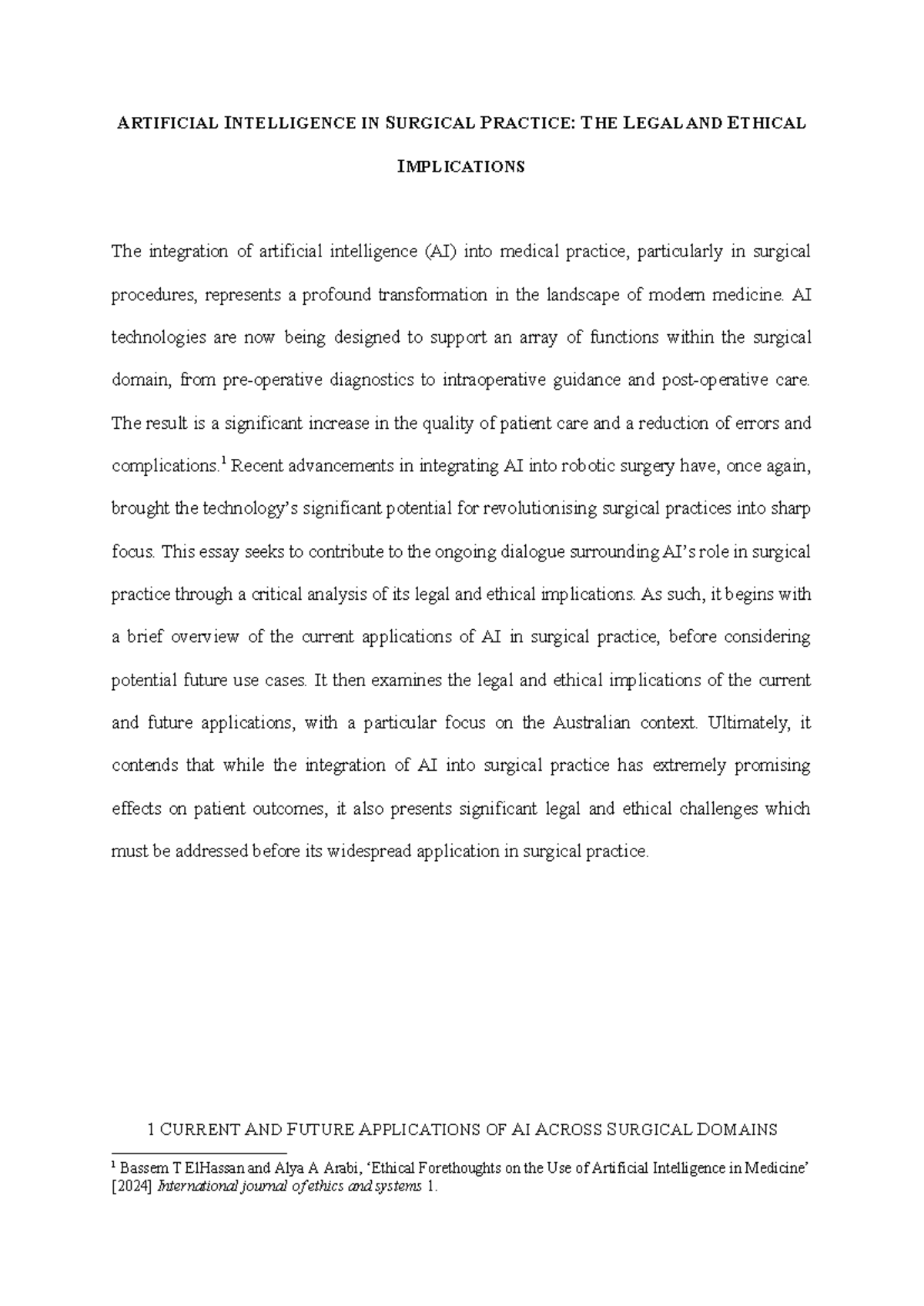 Law and AI Research Essay ARTIFICIAL INTELLIGENCE IN SURGICAL