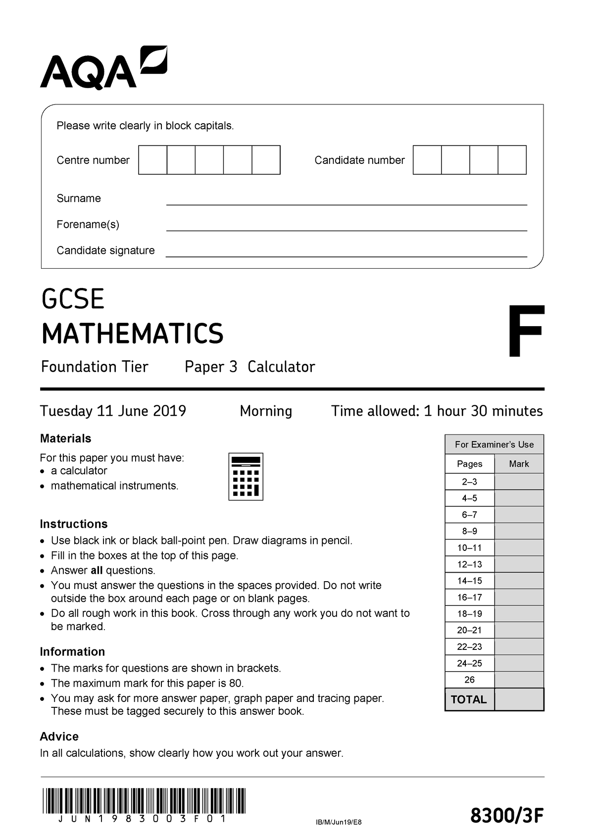 Aqa Gcse Maths Foundation Paper 3 Qp Jun1983003f01 Ib M Jun19 E8 8300 3f For Examiner’s Use