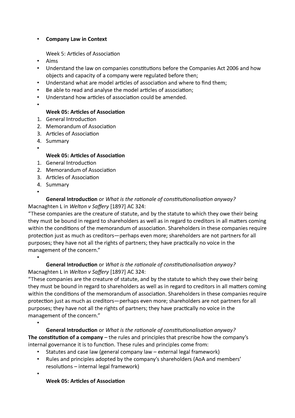 Company Law Lecture 5 - Company Law In Context Week 5: Articles Of ...
