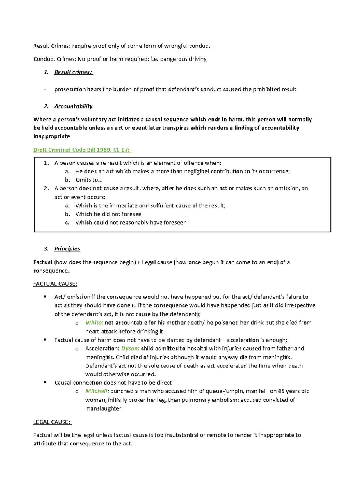 Causation criminal law notes - Result Crimes: require proof only of ...