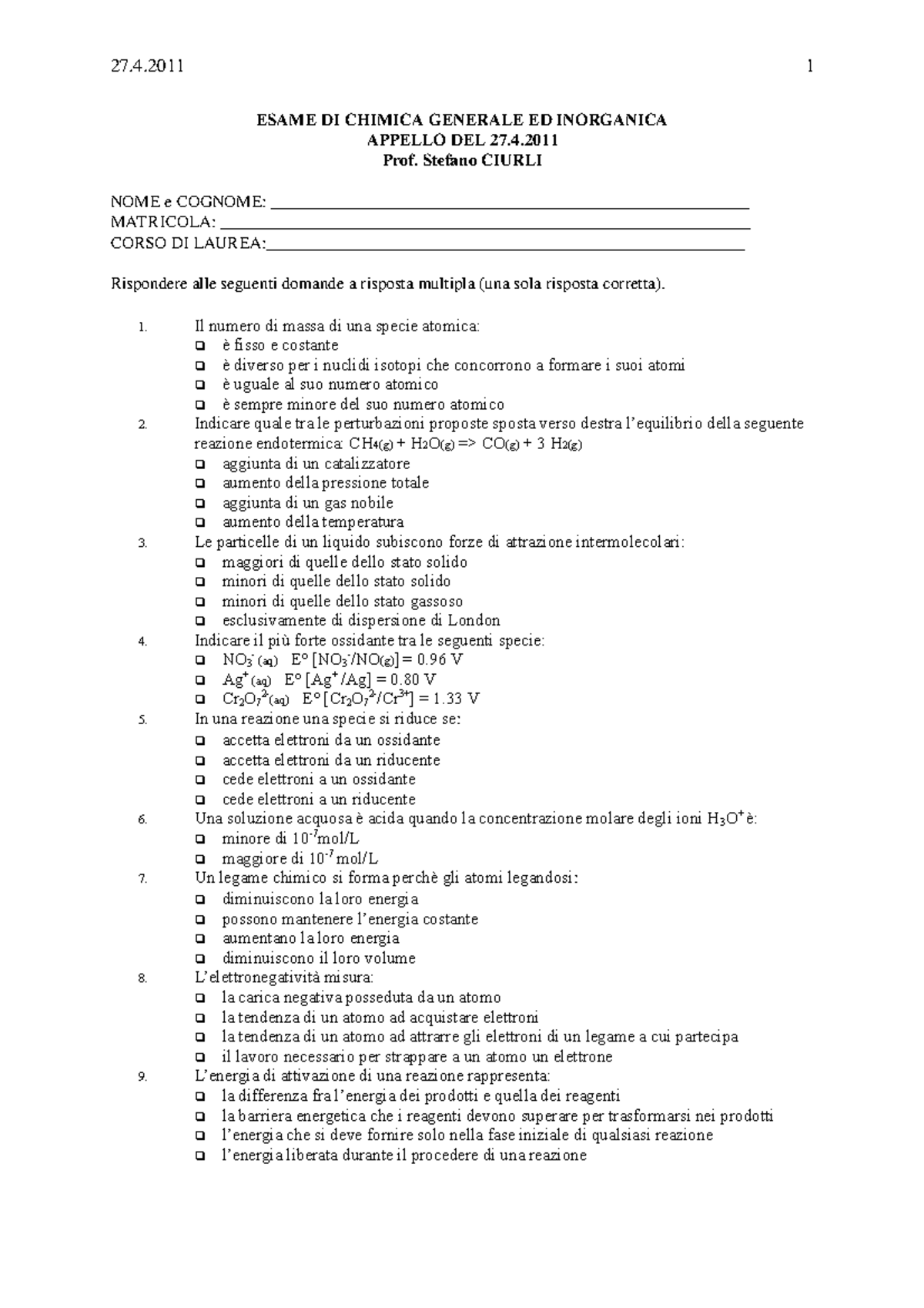 Esame Di Stato Ingegneria Chimica Sapienza