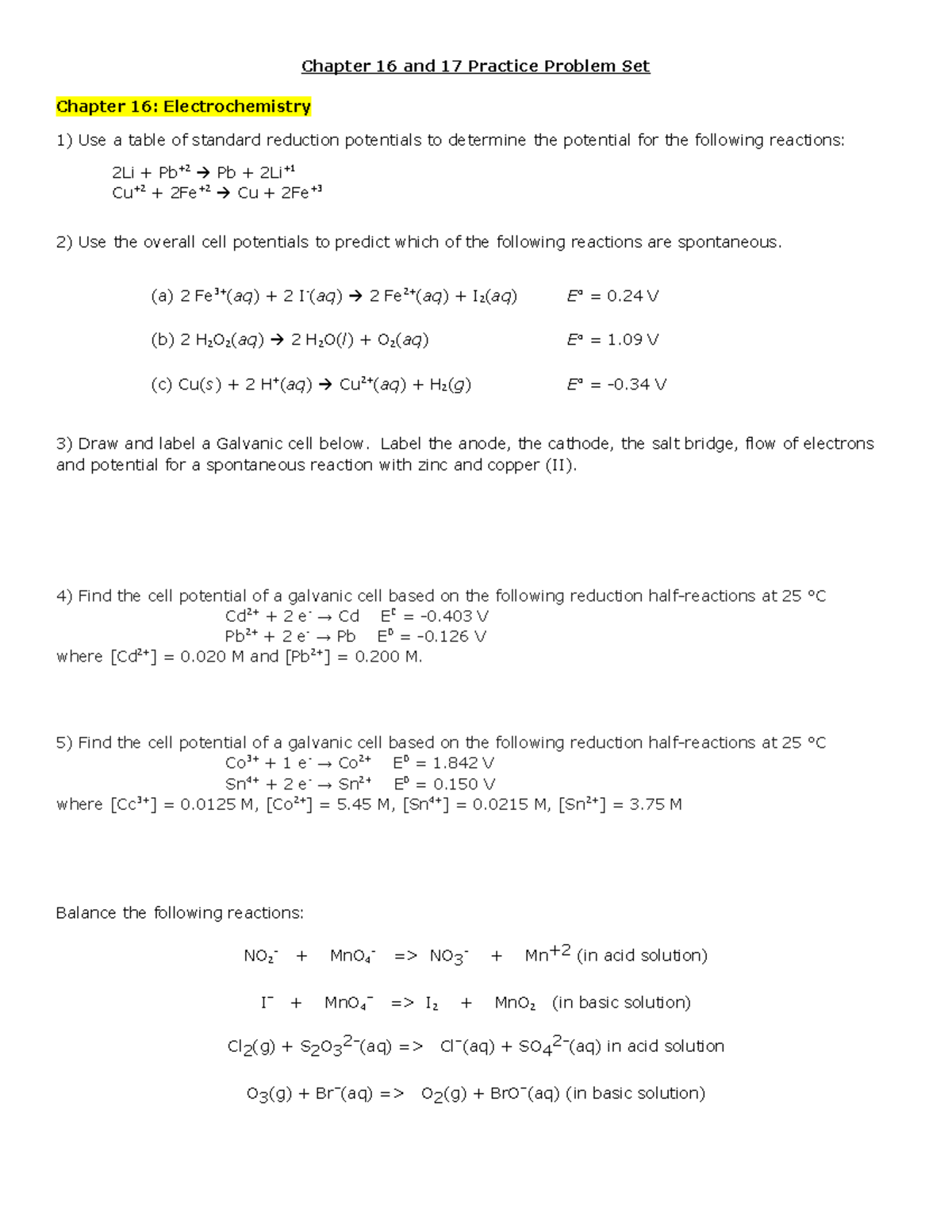 Chapter 16 and 17 Practice Problem worksheet - Chapter 16 and 17 ...