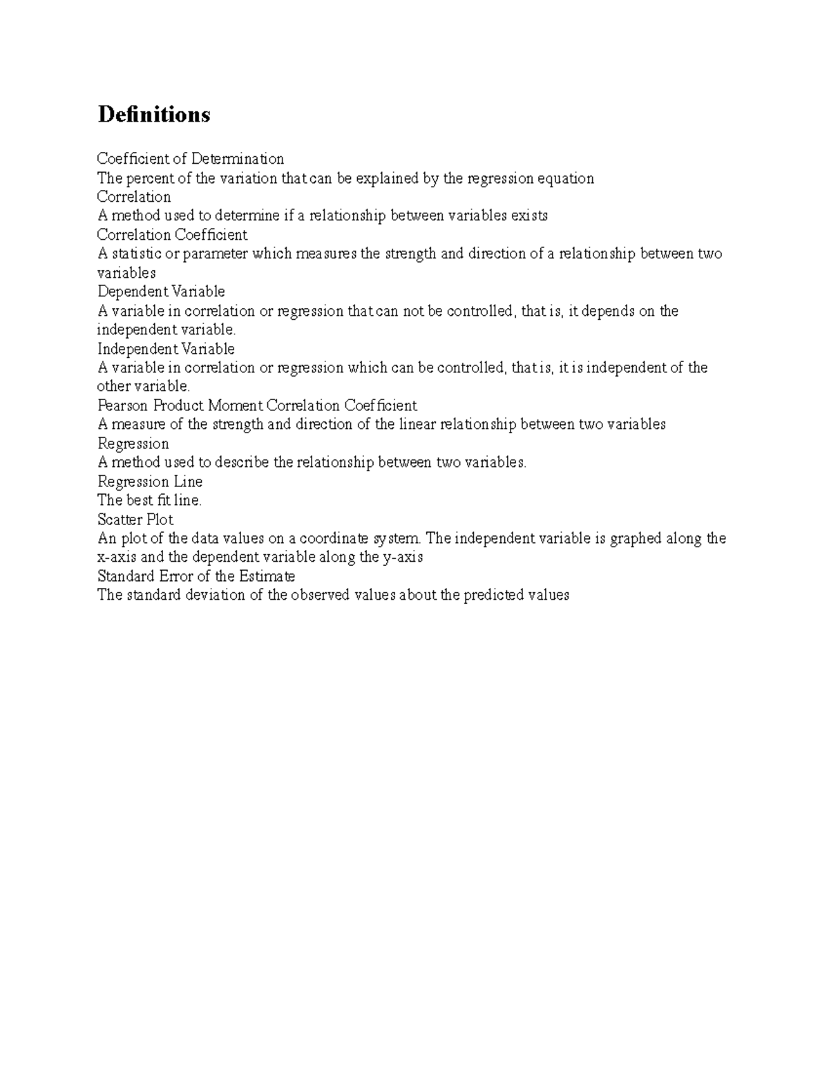Stats 11 - chapter 11 definitions class notes - Definitions Coefficient ...