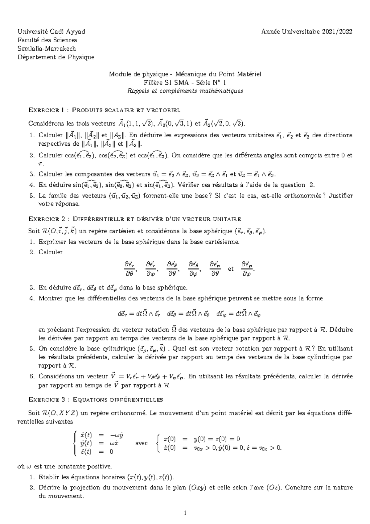 Serie 1 21 22 - Module de physique - Mécanique du Point Matériel ...