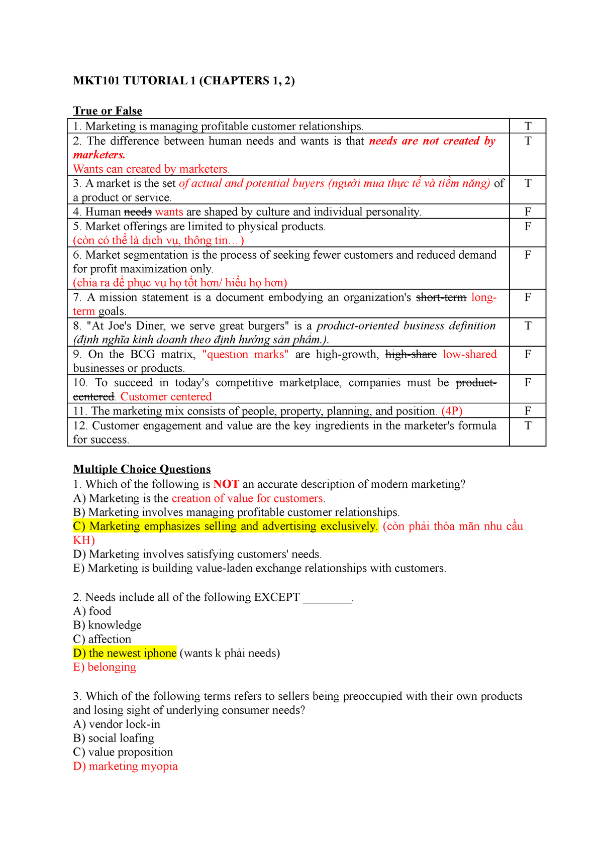 MKT101 Tutorial 1 ( Chaps 1, 2) - MKT101 TUTORIAL 1 (CHAPTERS 1, 2 ...