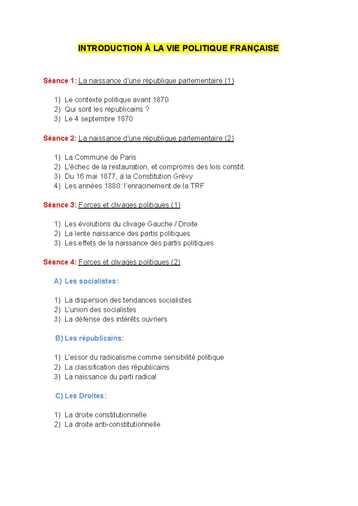 Plan CM Science Politique - INTRODUCTION À LA VIE POLITIQUE FRANÇAISE ...