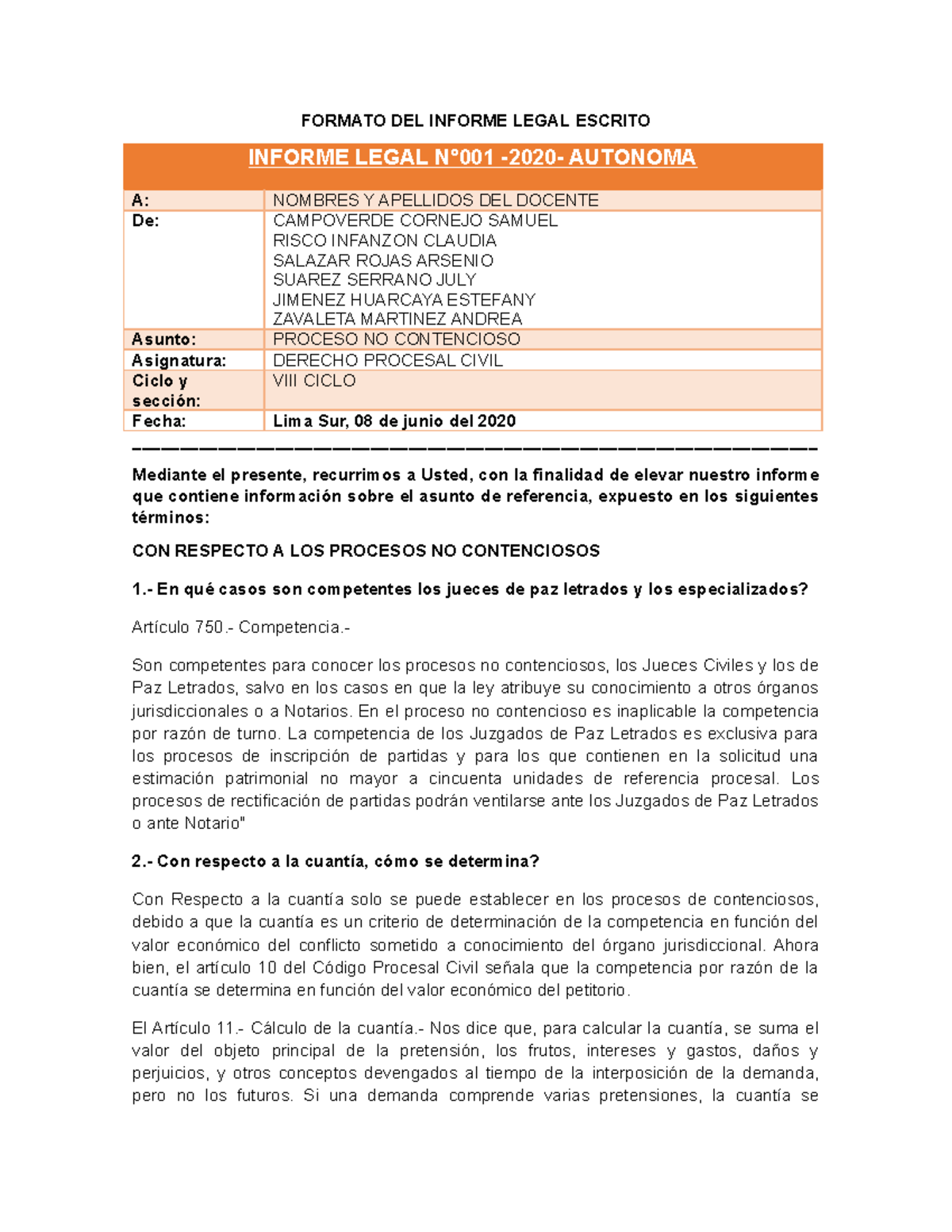 Proceso NO Contencioso - FORMATO DEL INFORME LEGAL ESCRITO INFORME ...