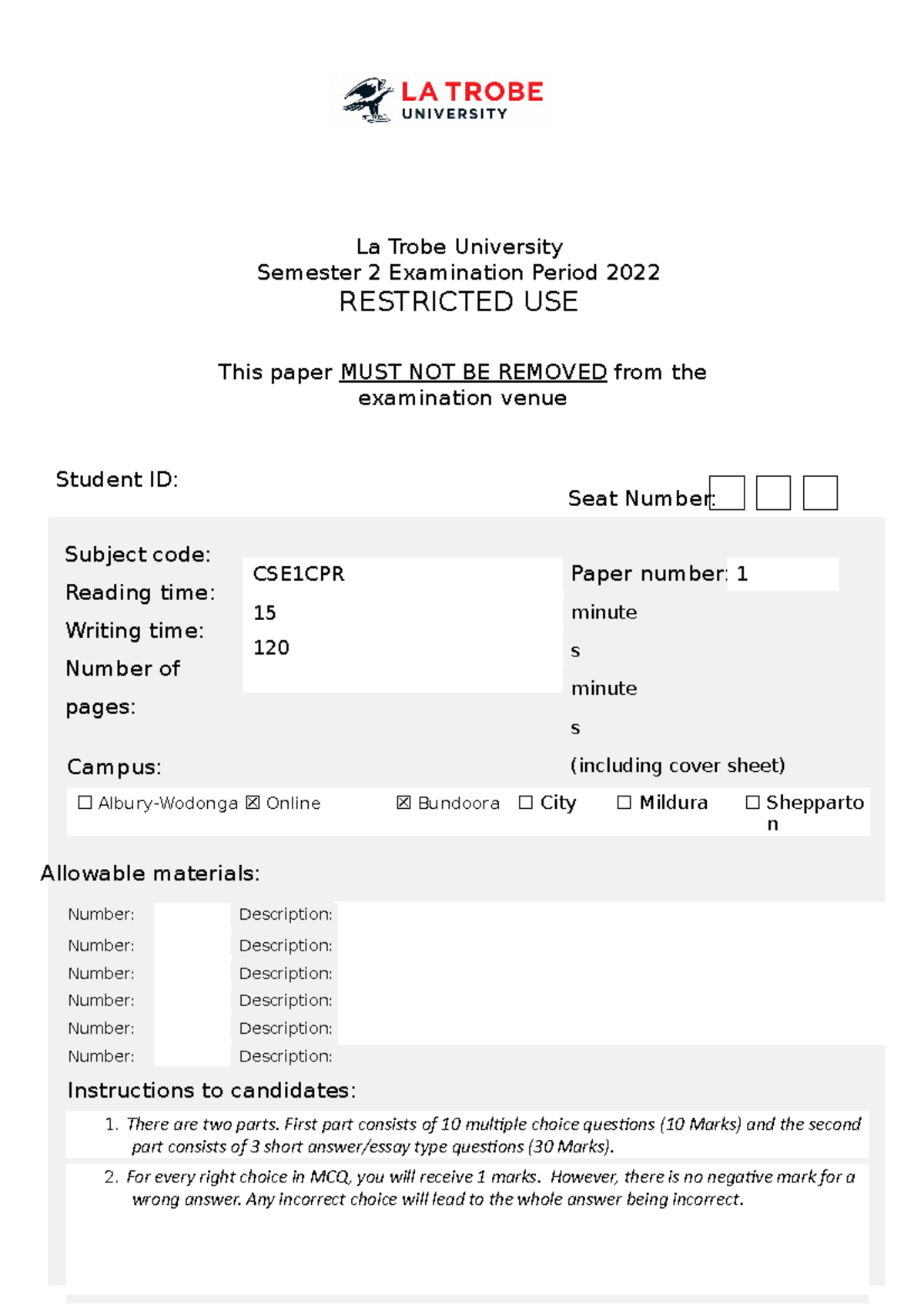 la trobe assignment cover sheet