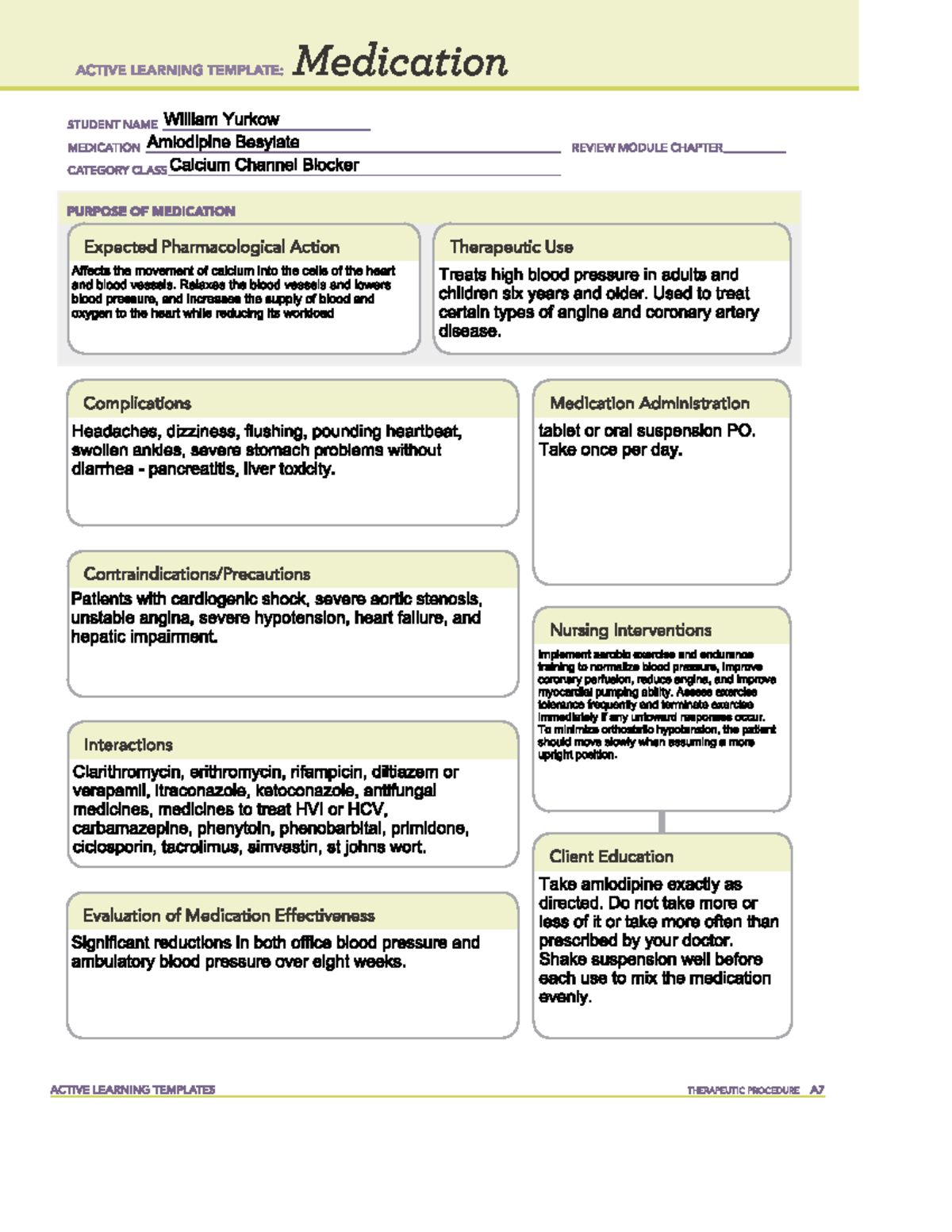 Medication Template Amlodipine - ACTIVE LEARNING TEMPLATE: Medication ...