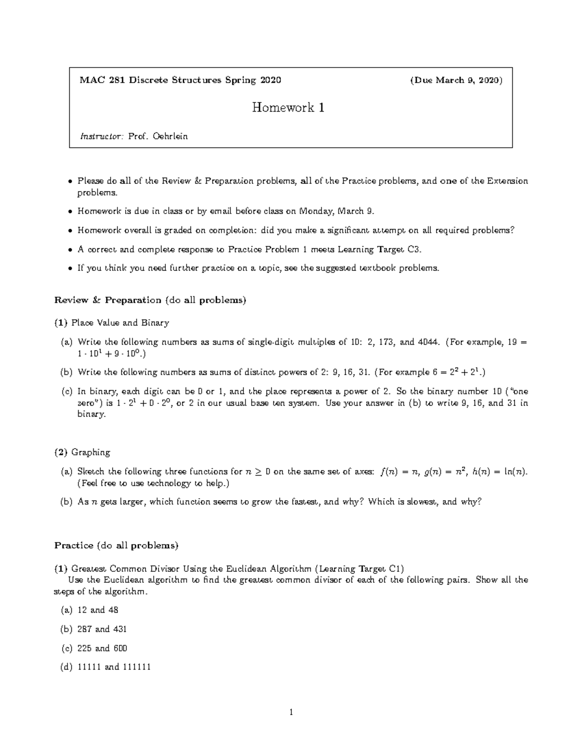 HW1 HWS MAC 281 Discrete Structures Spring 2020 (Due March 9, 2020