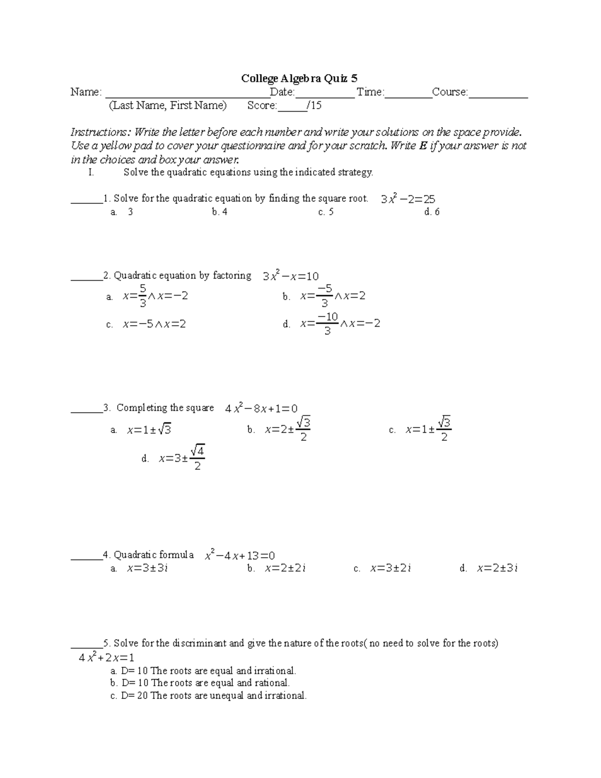 CA Quiz 5 - College Algebra - College Algebra Quiz 5 Name ...
