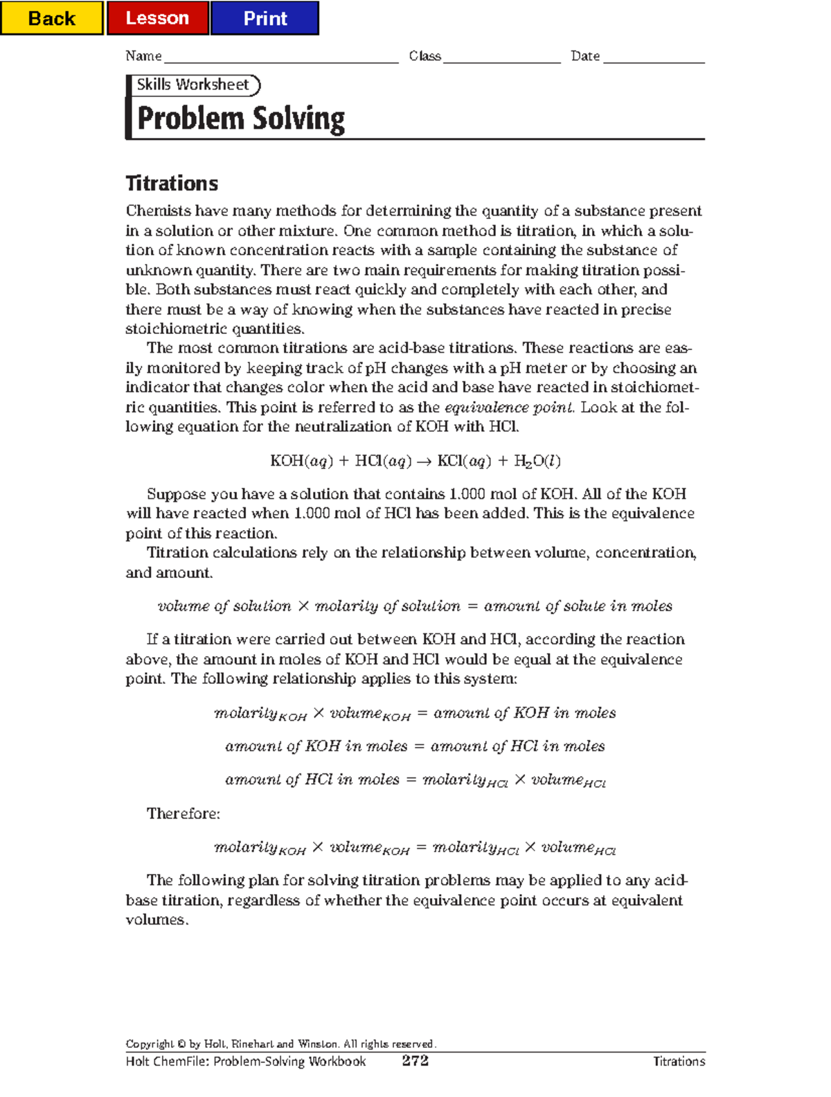 Titration Pogil Copyright © by Holt, Rinehart and Winston. All rights