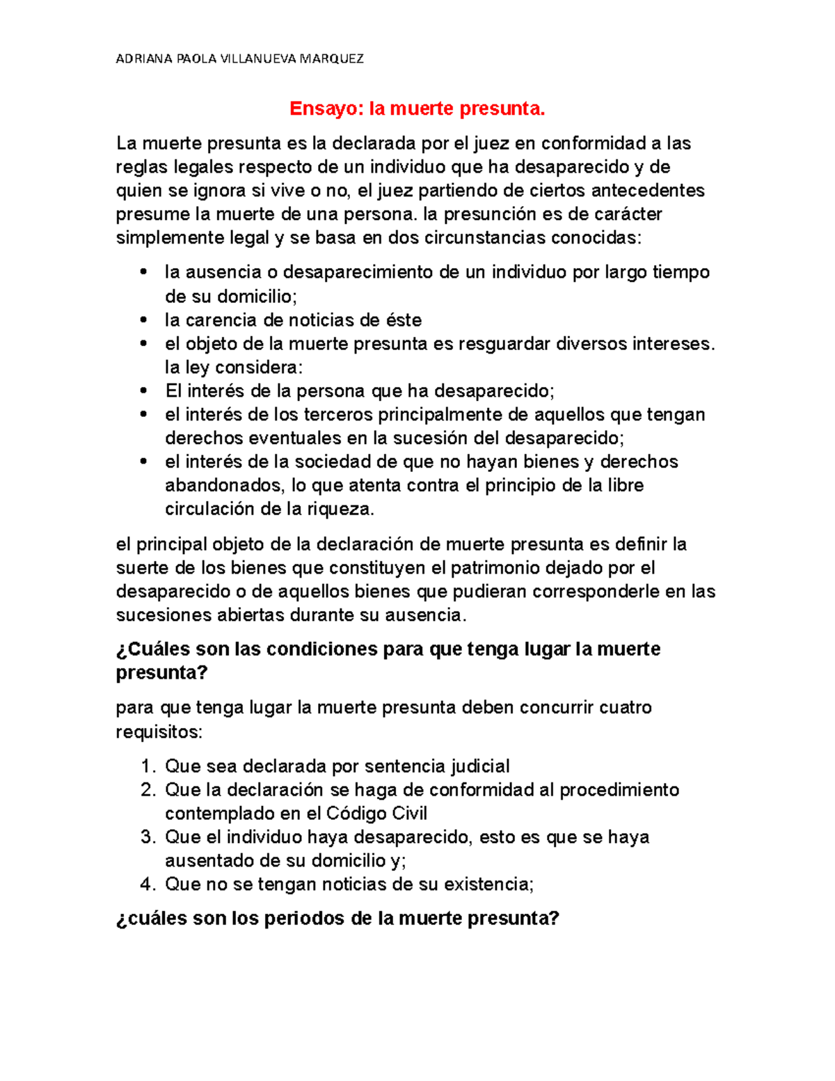Ensayo Muerte Presunta - ADRIANA PAOLA VILLANUEVA MARQUEZ Ensayo: La ...