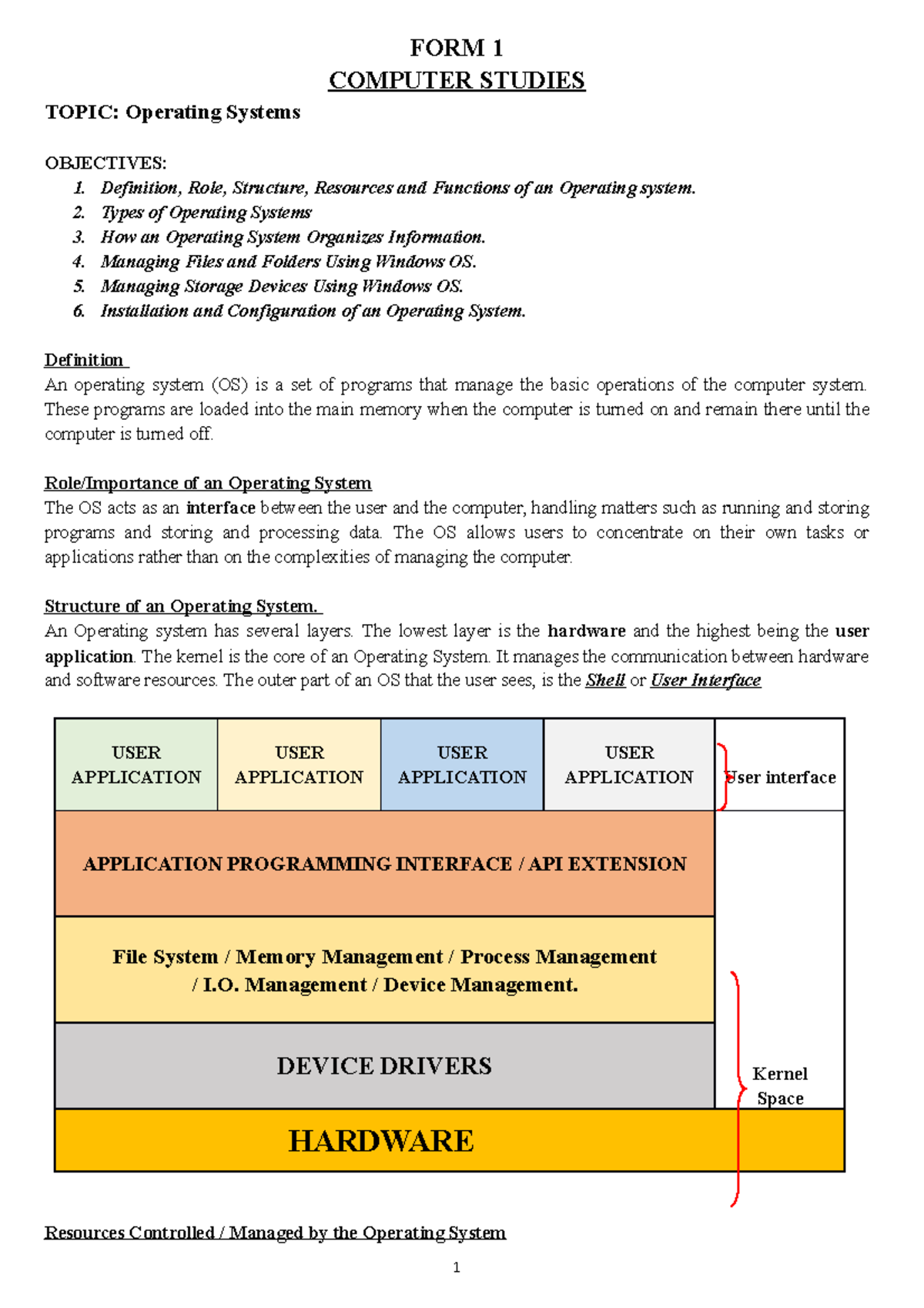 Operating Systems Notes - FORM 1 COMPUTER STUDIES TOPIC: Operating ...
