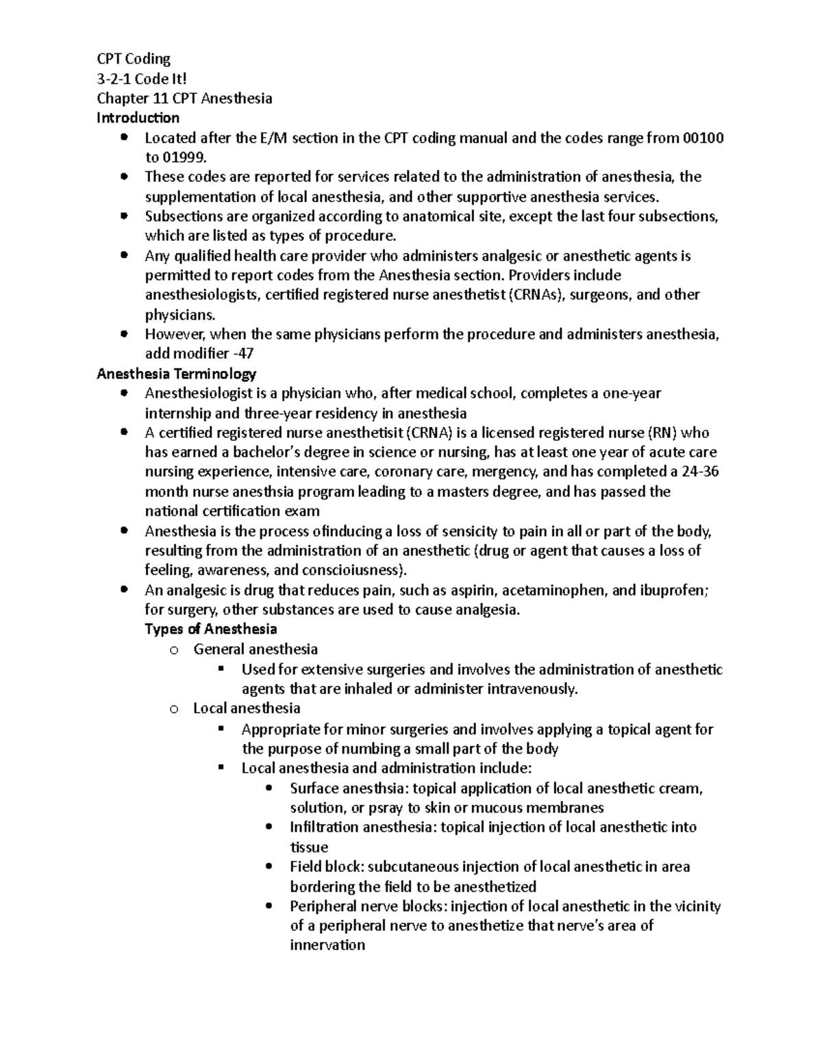Chapter 11 CPT Anesthesia Notes 321 Code It! Chapter 11 CPT