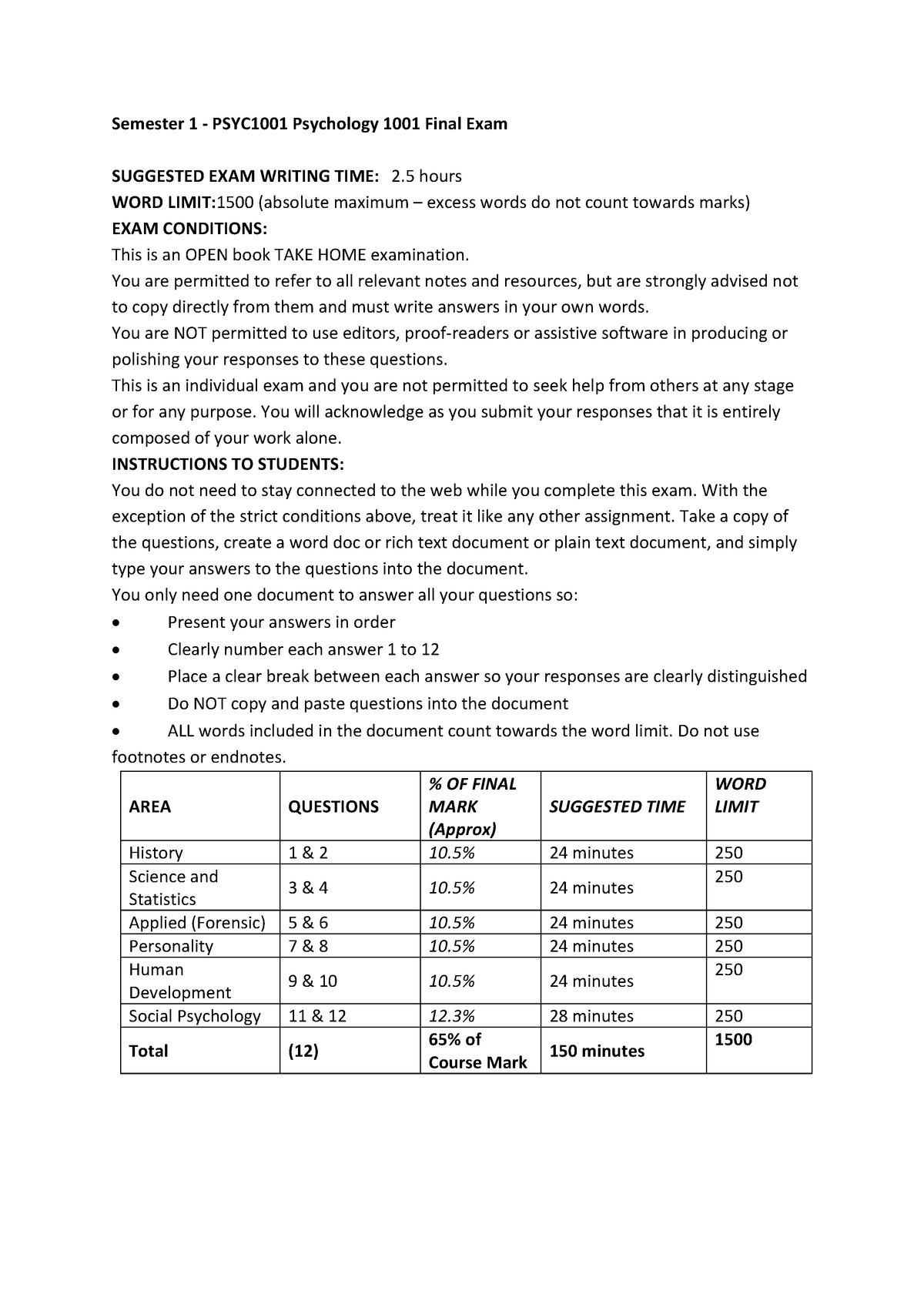 Exam June 2020, Questions - Semester 1 ‐ PSYC1001 Psychology 1001 Final ...