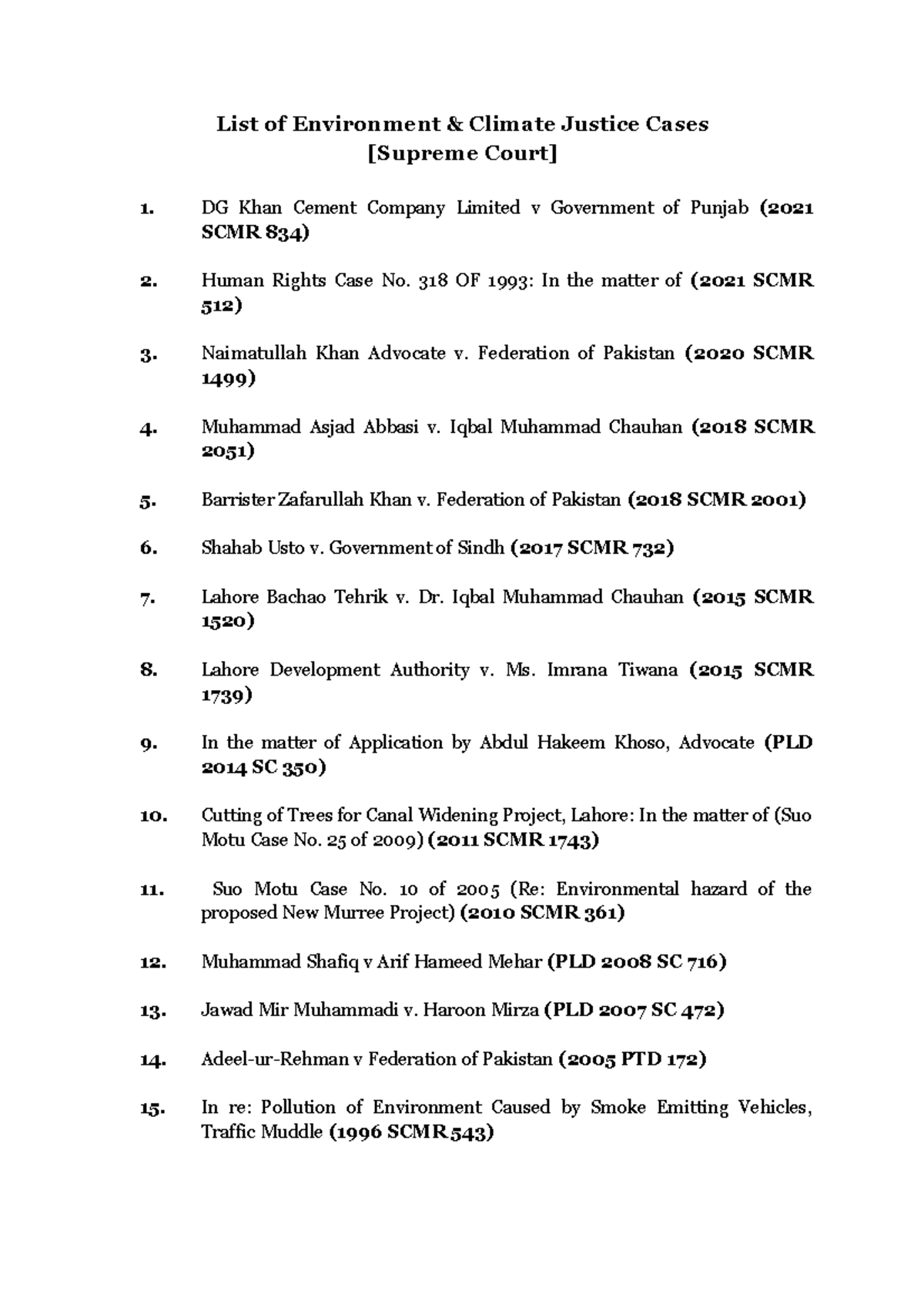 List of Environment Cases List of Environment & Climate Justice Cases