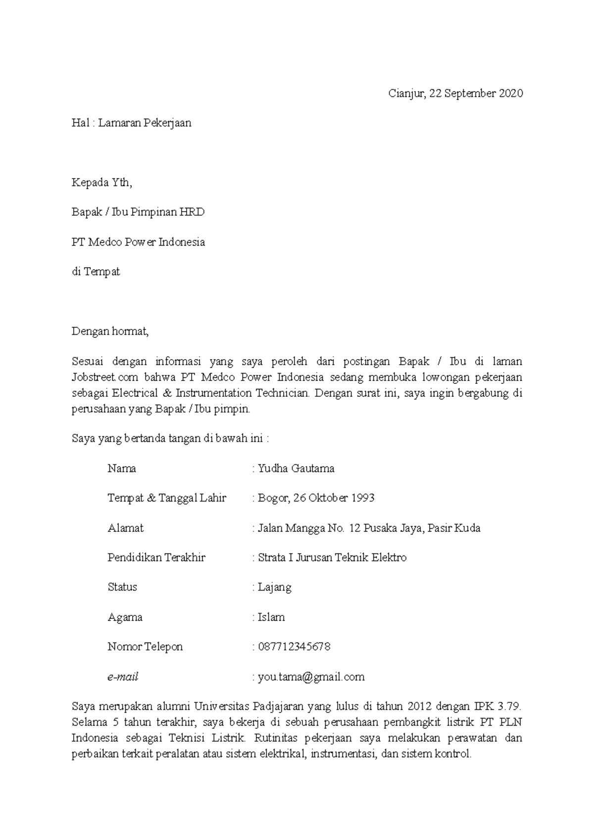Contoh Surat Lamaran Kerja di PT - Cianjur, 22 September 2020 Hal