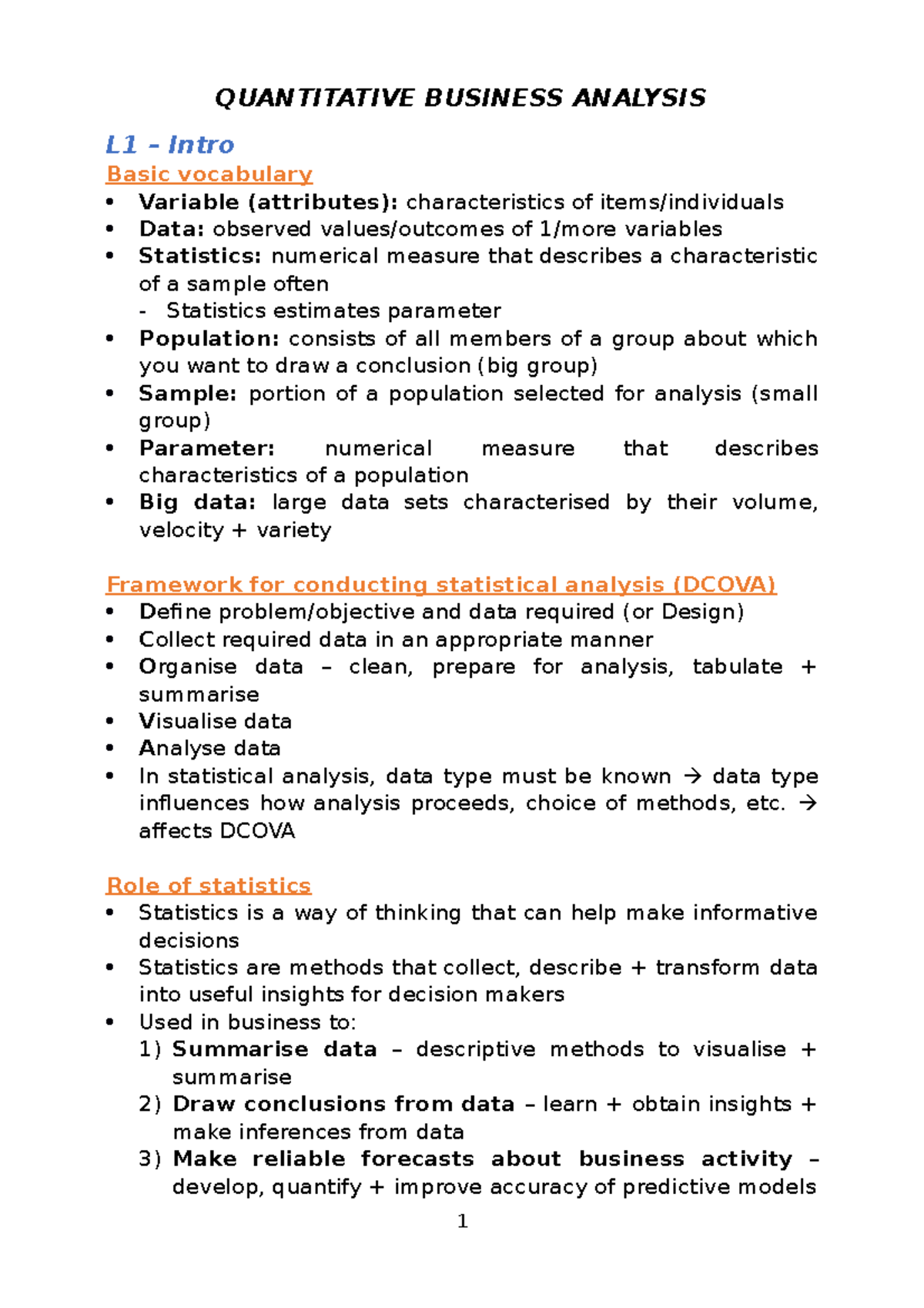 BUSS1020 wk 1 notes - QUANTITATIVE BUSINESS ANALYSIS L1 – Intro Basic ...