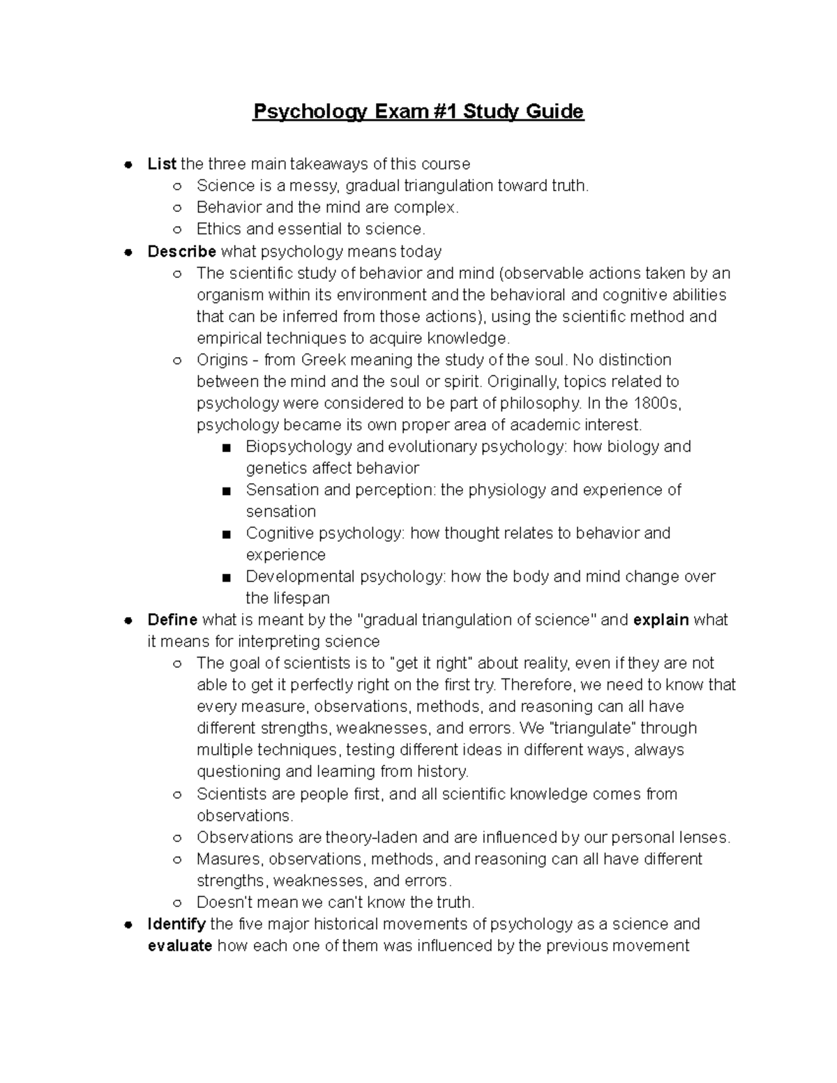 Psychology Exam #1 Study Guide (Objectives Answered) - Psychology Exam ...