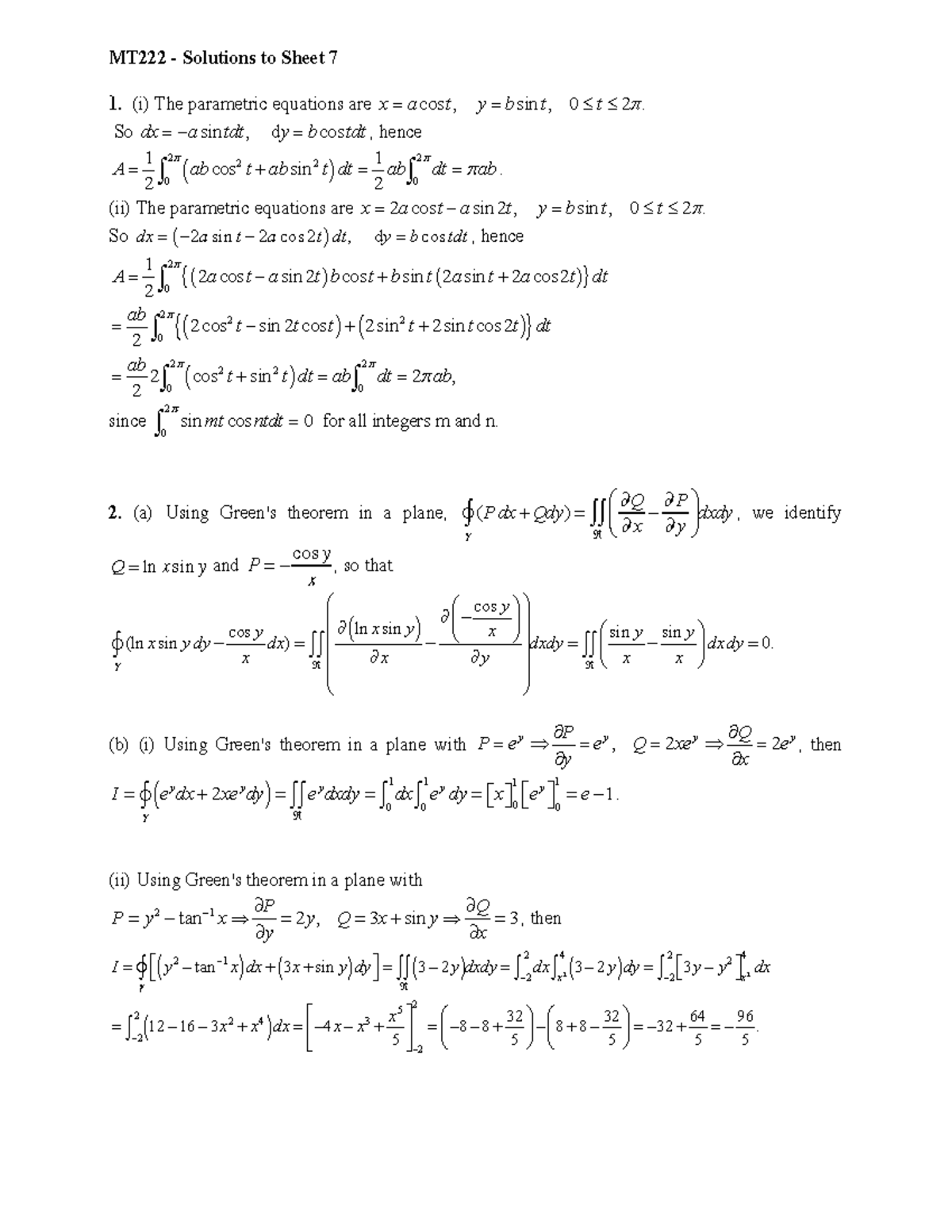 MT222 0 Sheet 7 Solution - MT222 - Solutions to Sheet 7 1. (i) The ...