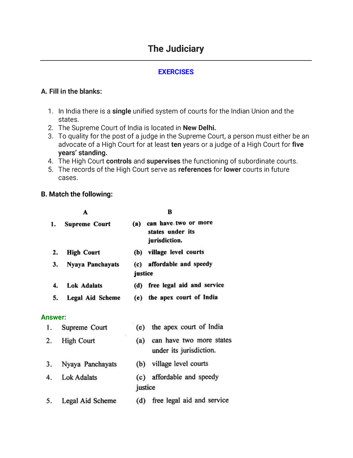 The Judiciary - Notes - Ncertbooksolutions The Judiciary EXERCISES A ...