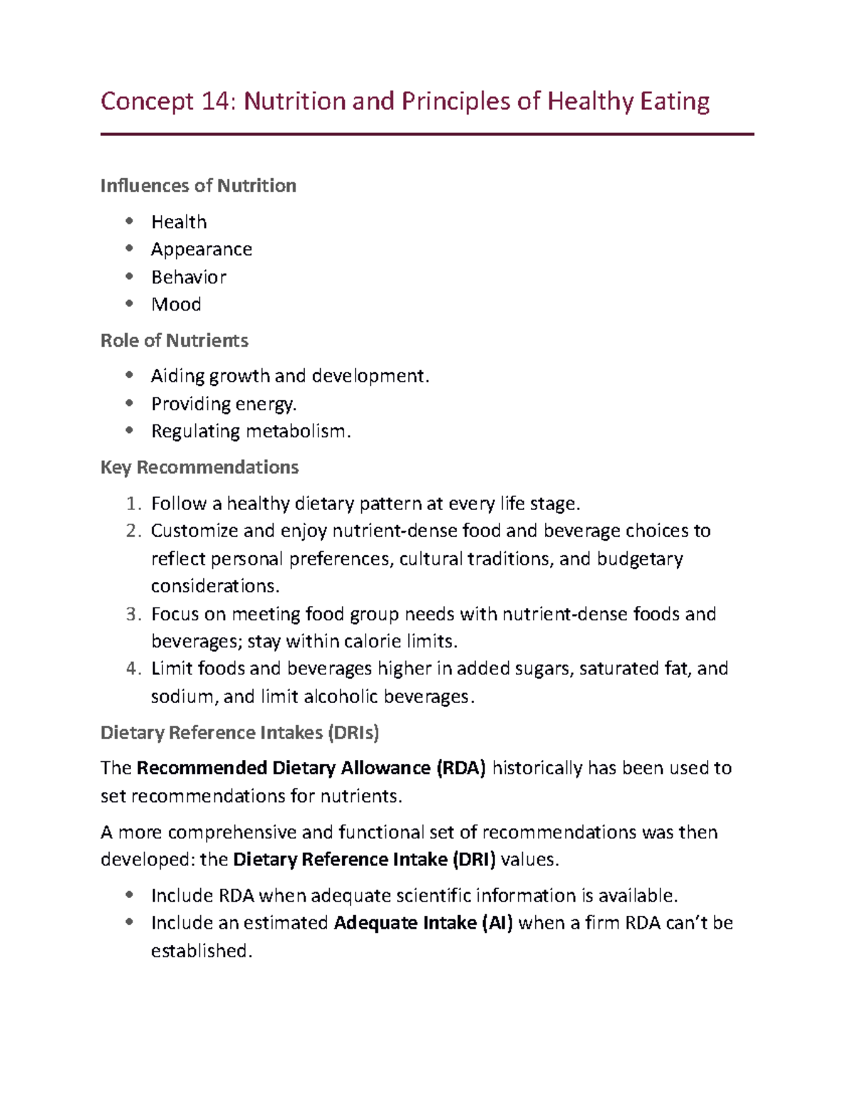 Concept 14 notes - Concept 14: Nutrition and Principles of Healthy ...