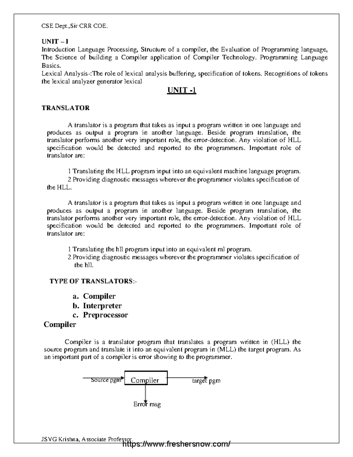 Jntuk R20 B.Tech CSE 3-2 Compiler Design Unit 1 Notes - JSVG Krishna ...