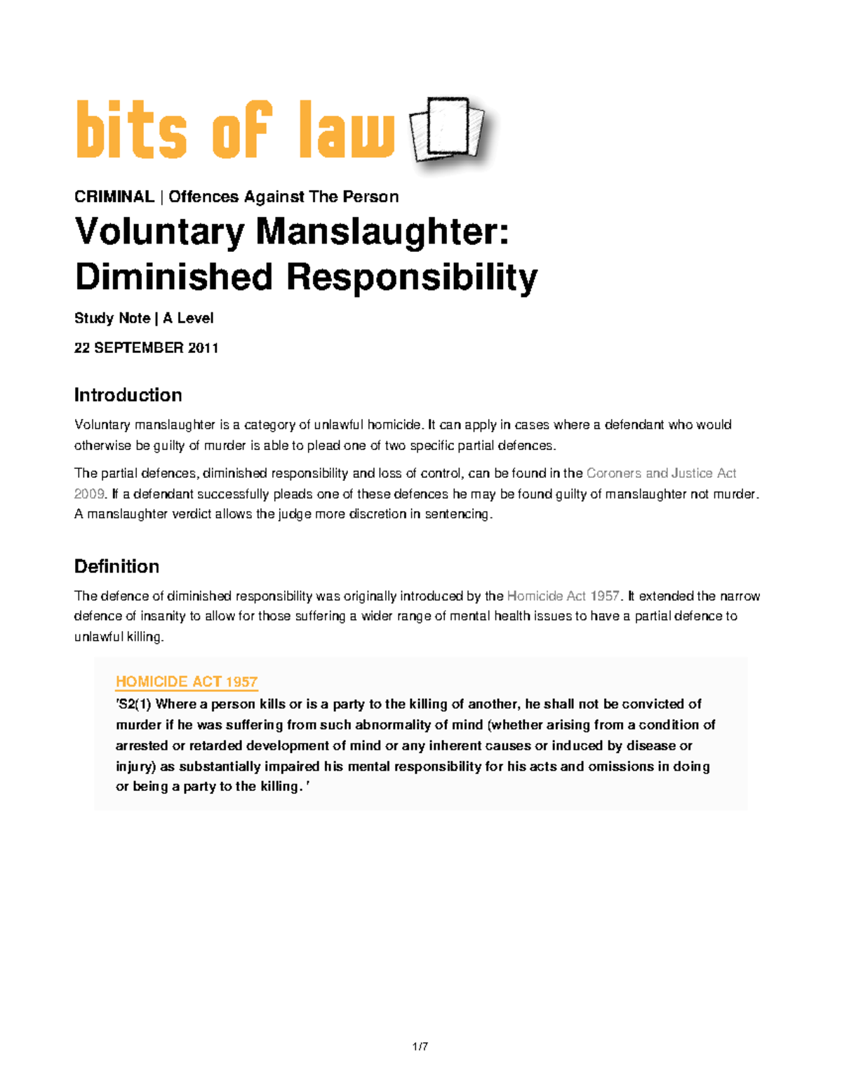 Voluntary Manslaughter, Diminished Responsibility - Bits Of Law ...