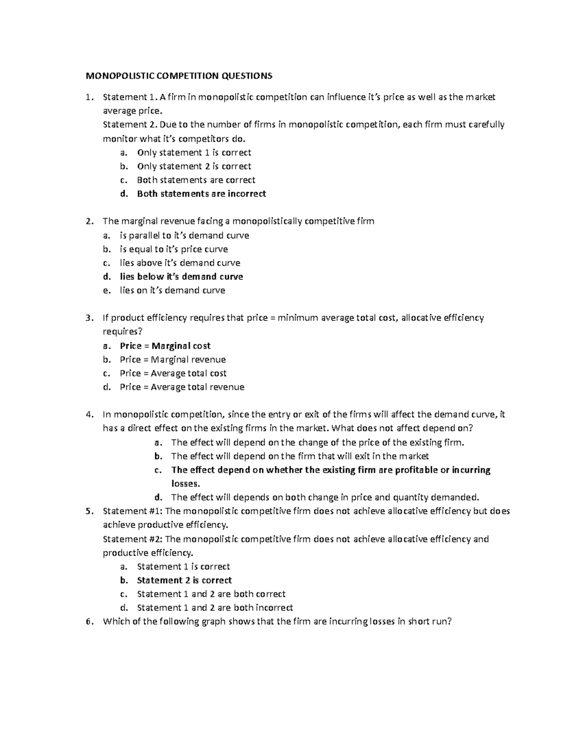 Monopolistic Competition Questions MONOPOLISTIC COMPETITION