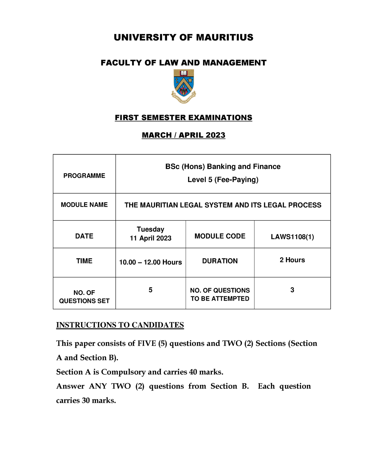 LAWS1108 1 2023 1 - UNIVERSITY OF MAURITIUS FACULTY OF LAW AND ...