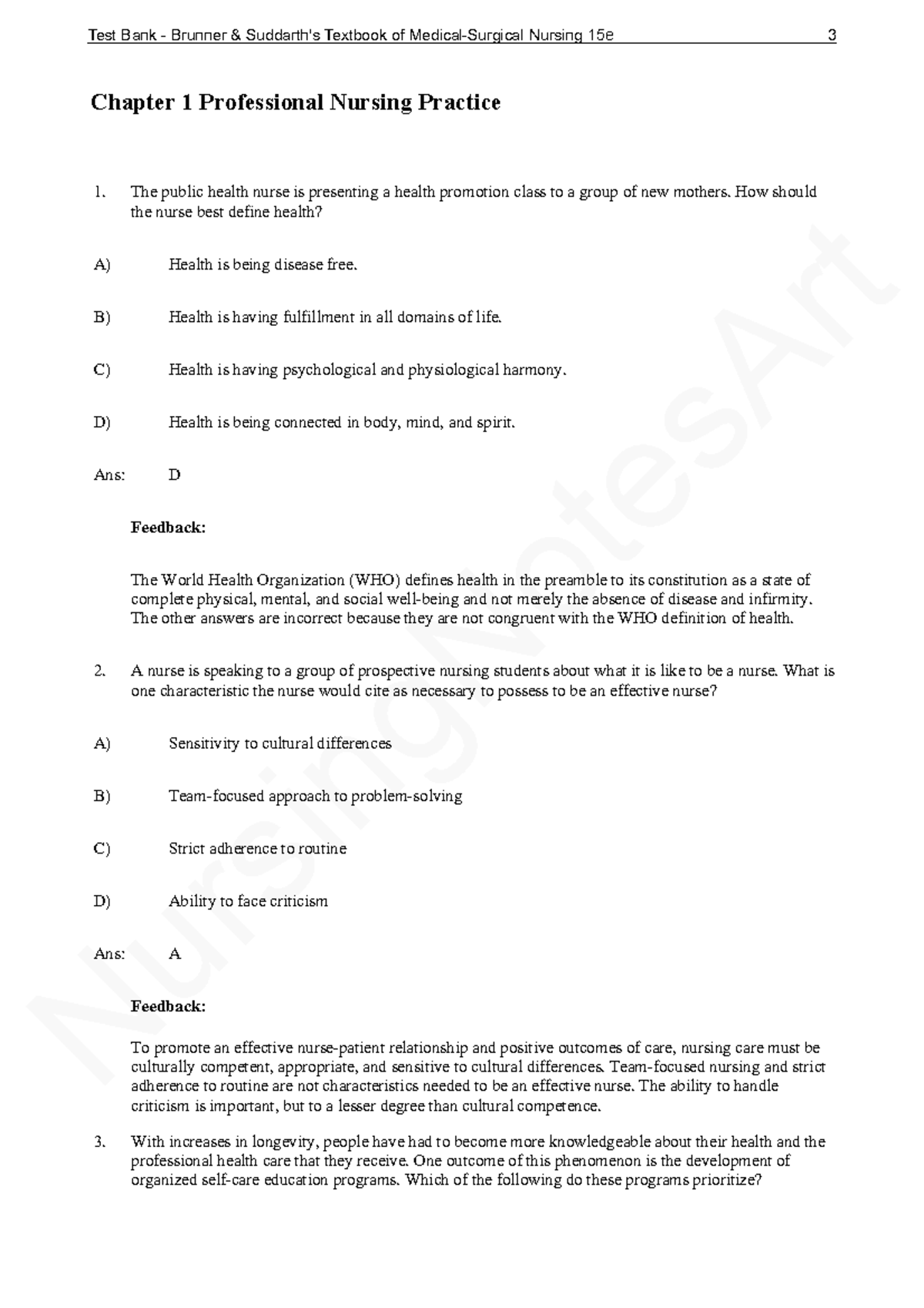 Chapter 1 - TEST BANK - NursingNotesArt Chapter 1 Professional Nursing ...