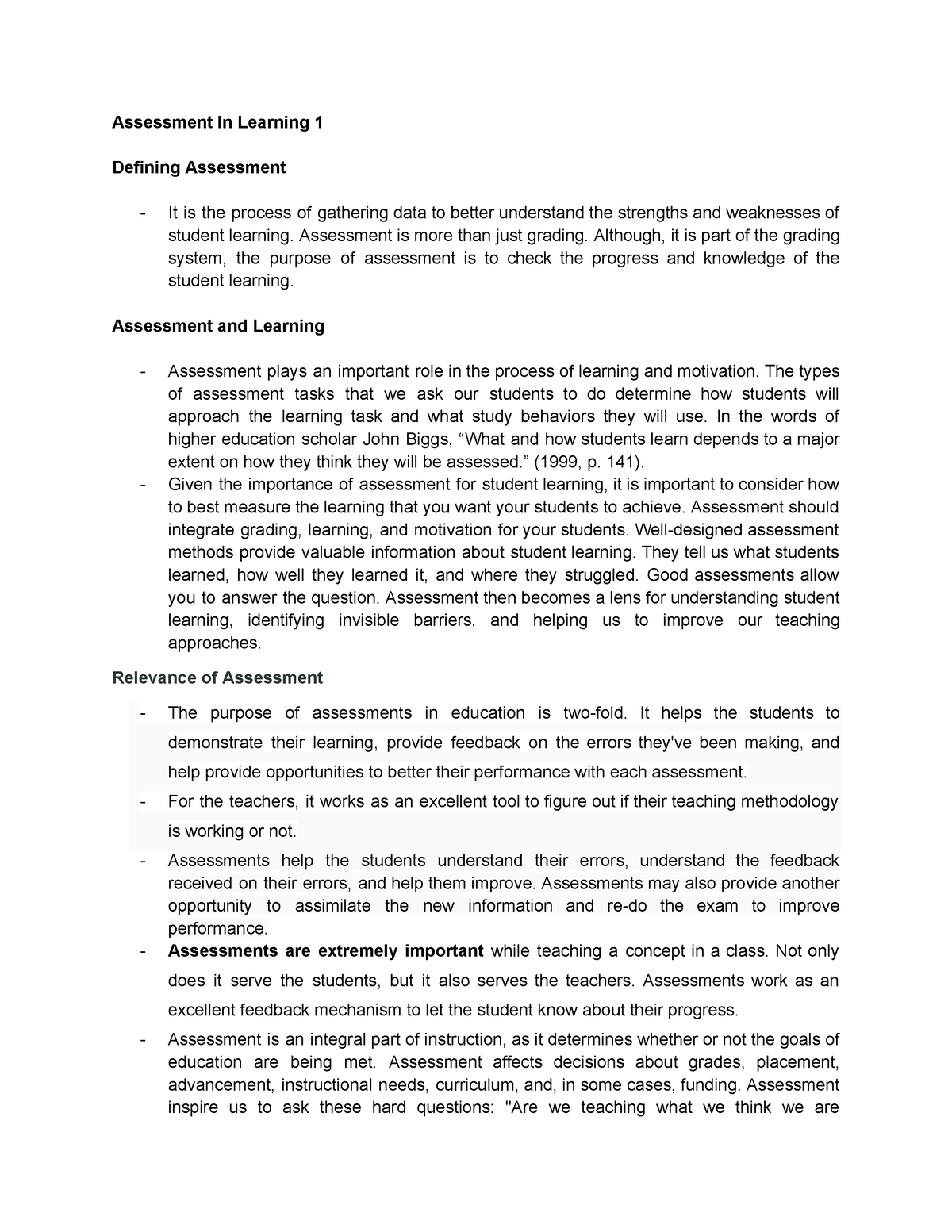 Nature & Scope of Assessment - Assessment In Learning 1 Defining ...