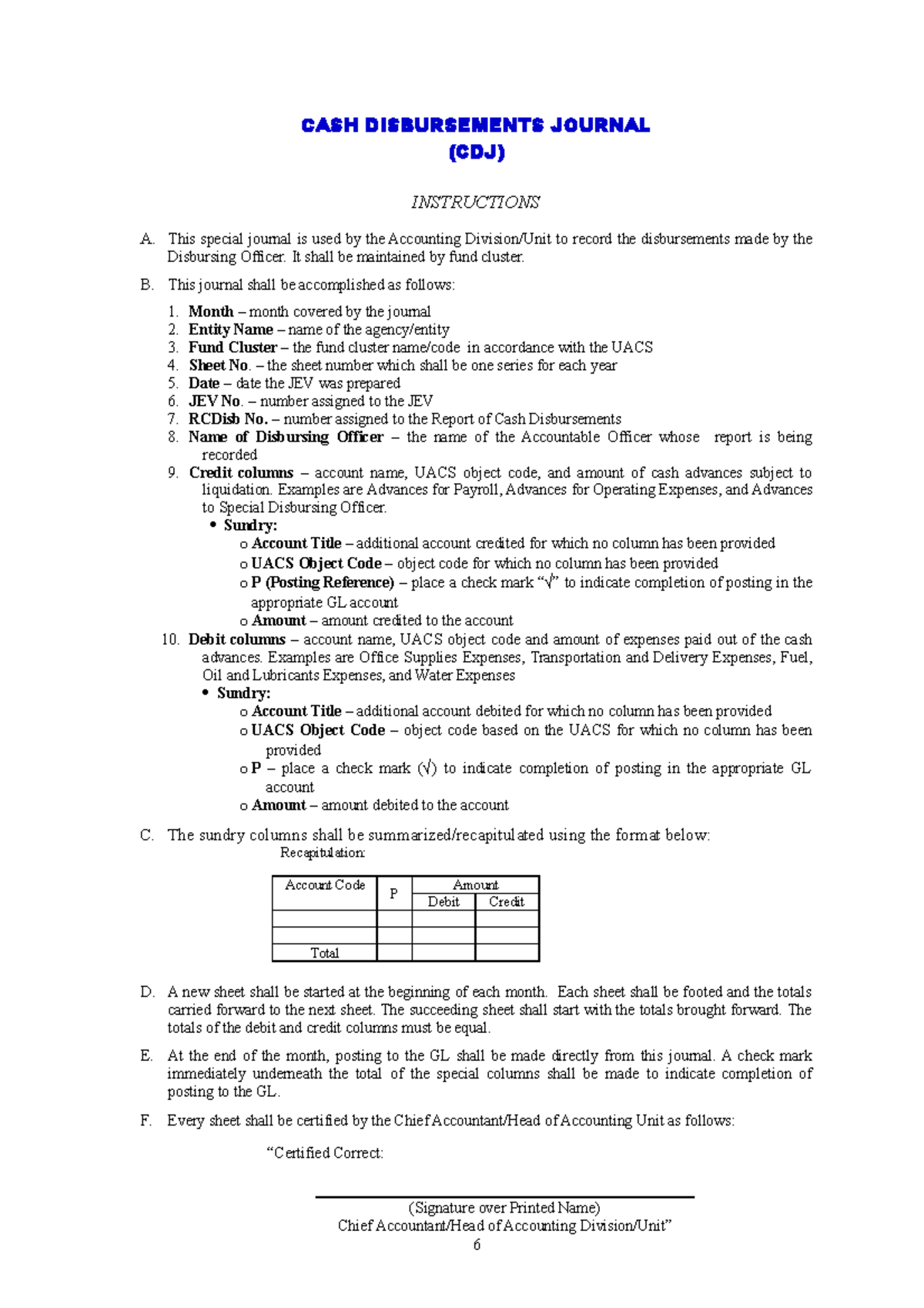 Appendix 3 - Instructions - CDJ - CASH DISBURSEMENTS JOURNAL (CDJ ...