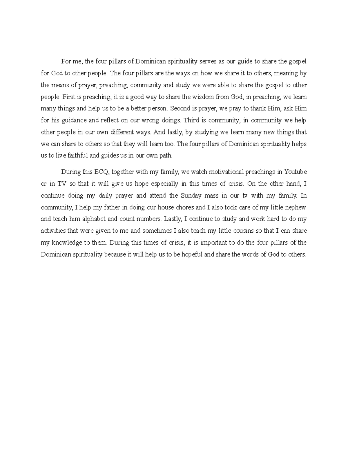 2 Religion Assessment For me, the four pillars of Dominican