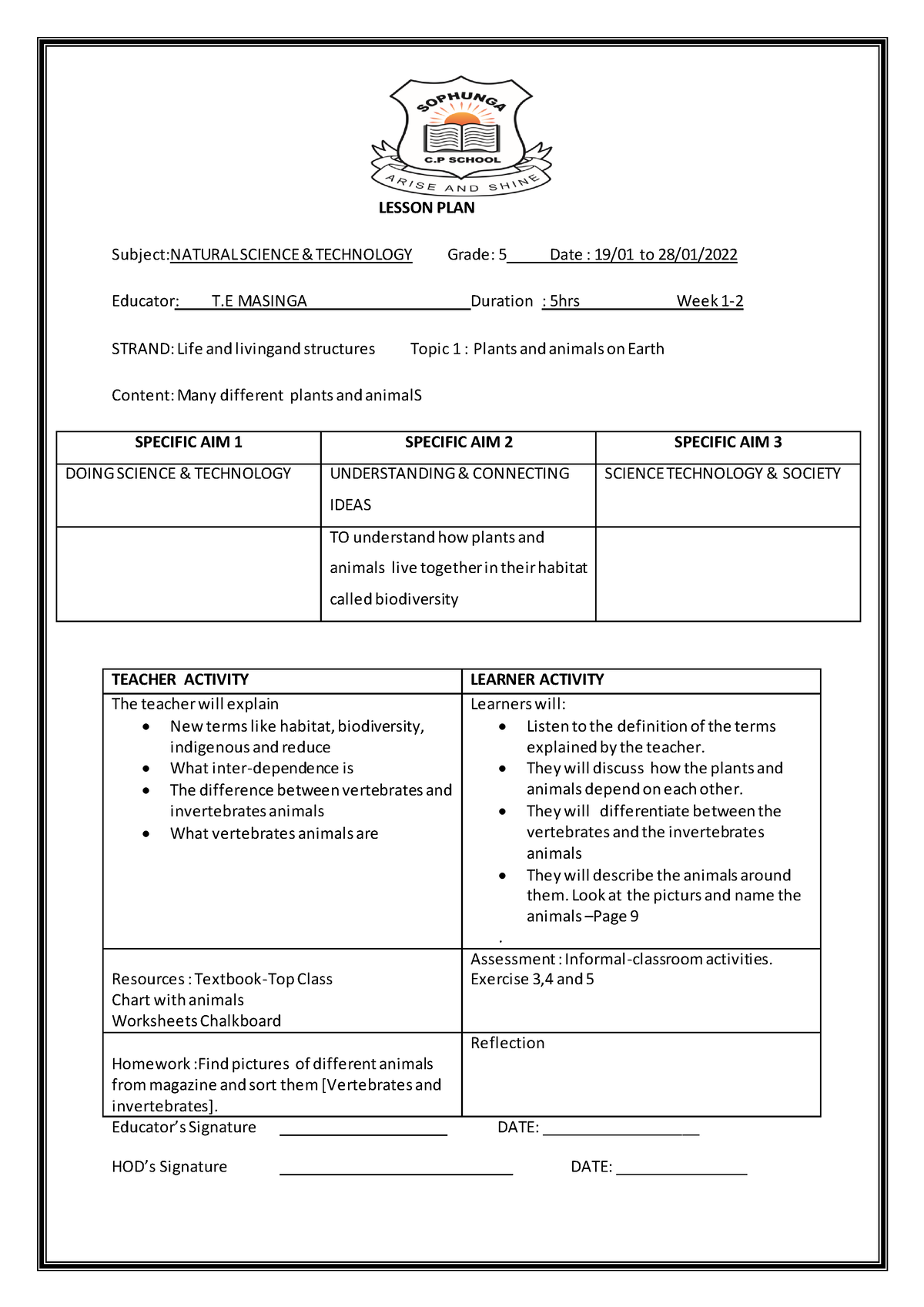 Grade 5 NS Lesson Plans TERM 1 Subject NATURAL SCIENCE TECHNOLOGY 