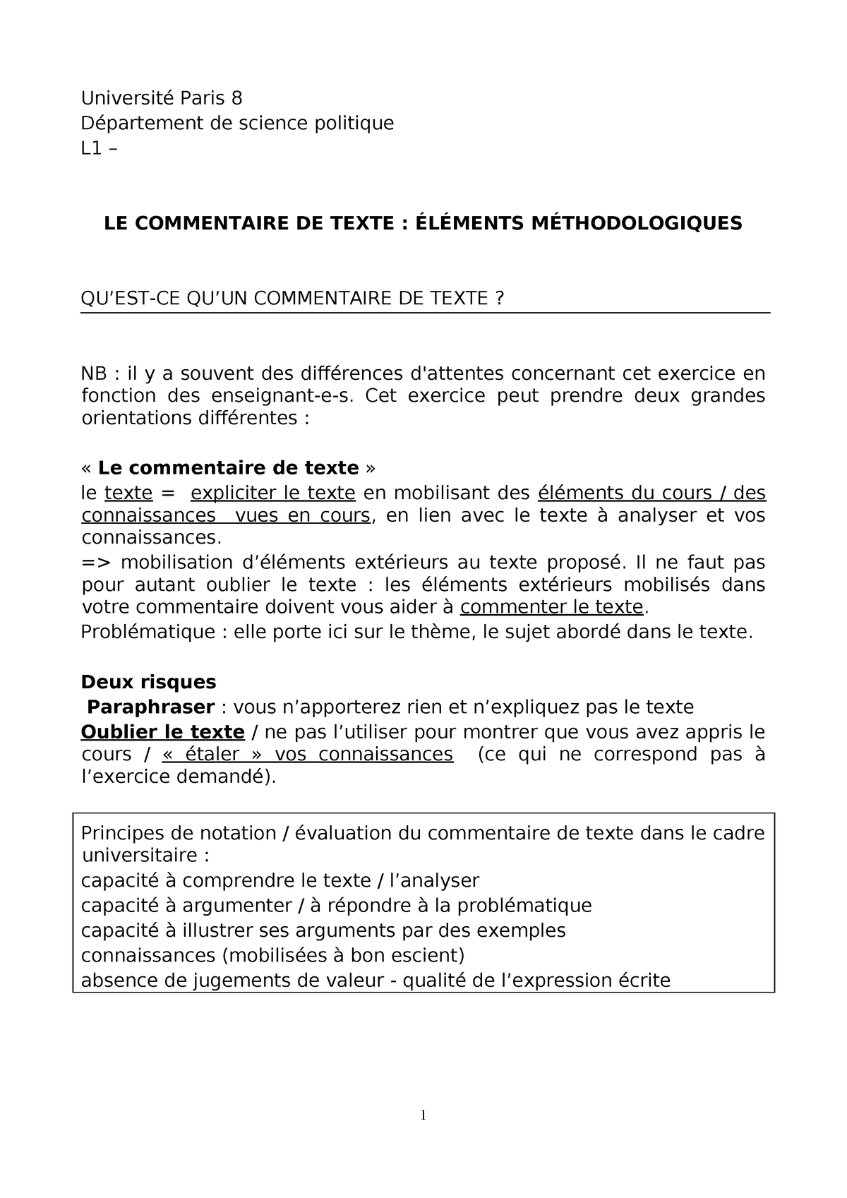 Fiche Methode Commentaire De Texte - Université Paris 8 Département De ...