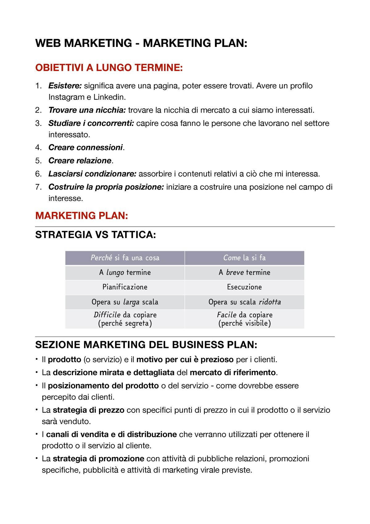 business plan e marketing plan riassunto