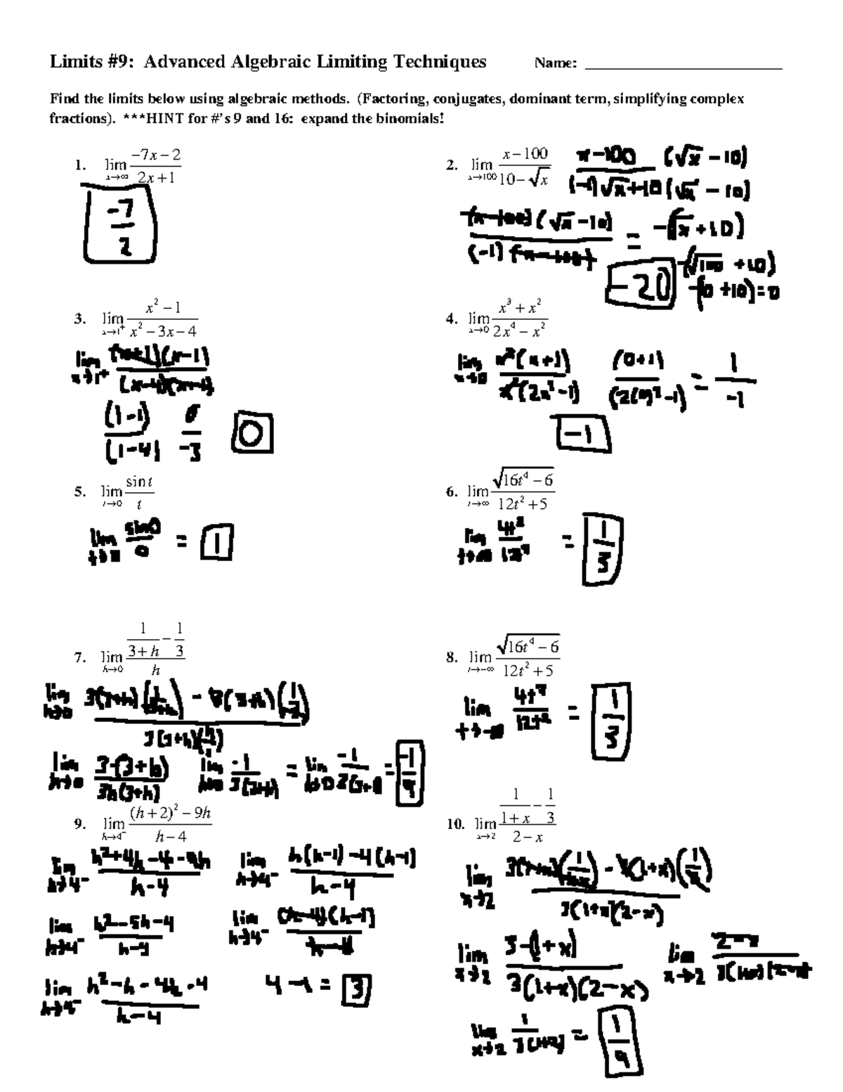 Limits 9 Canvas Assn Limits 9 Advanced Algebraic Limiting