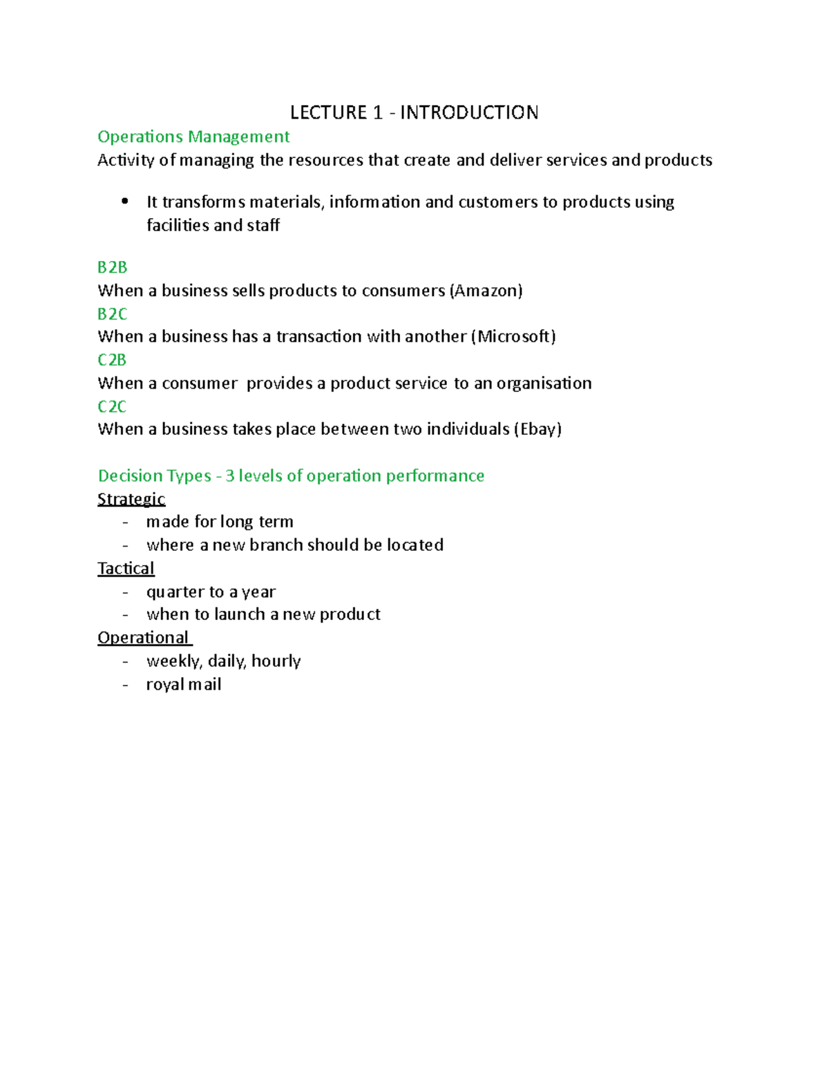 Operations Management Notes Lecture 1 Introduction Operations