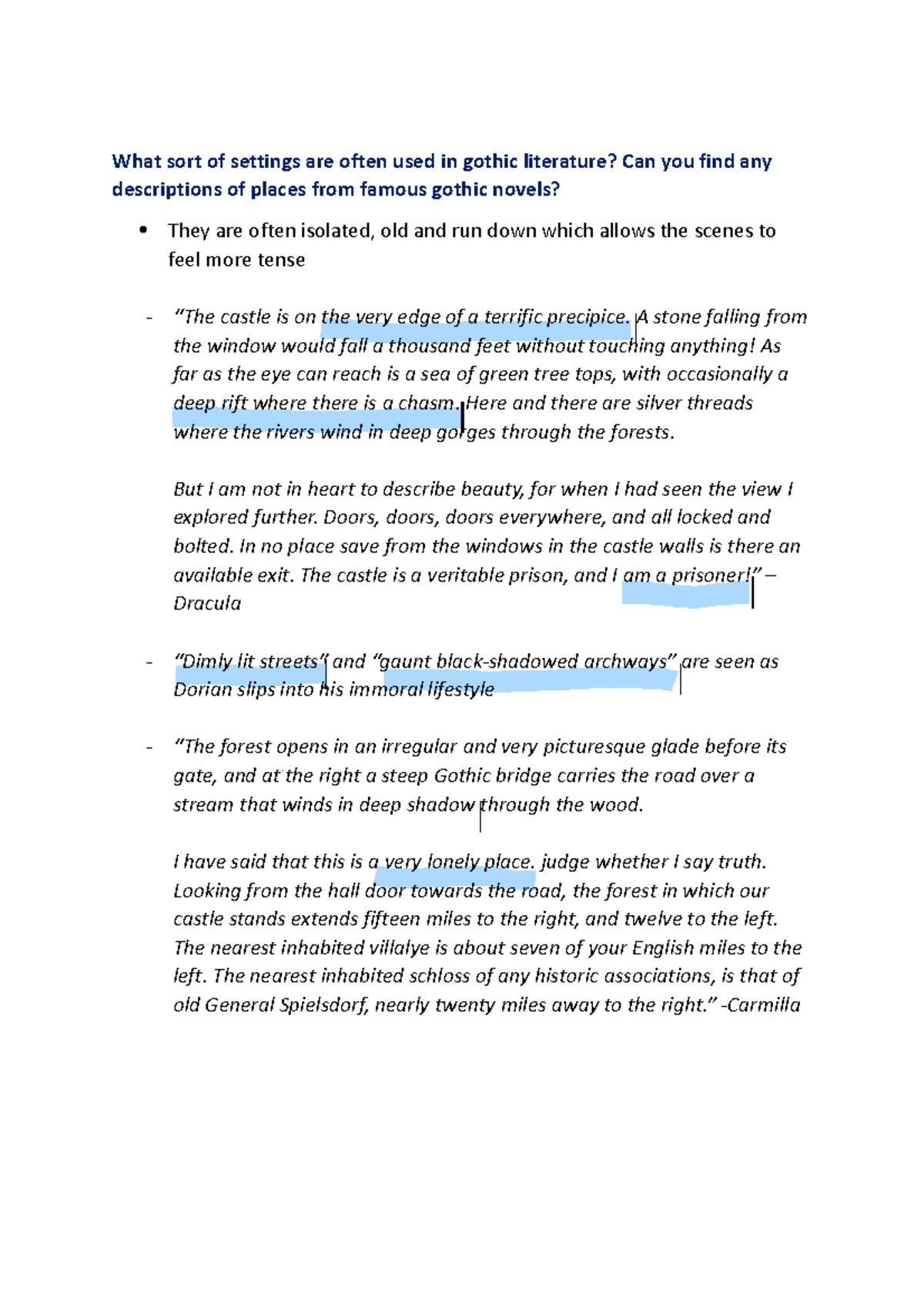 Gothic Literature Research What sort of settings are often used in