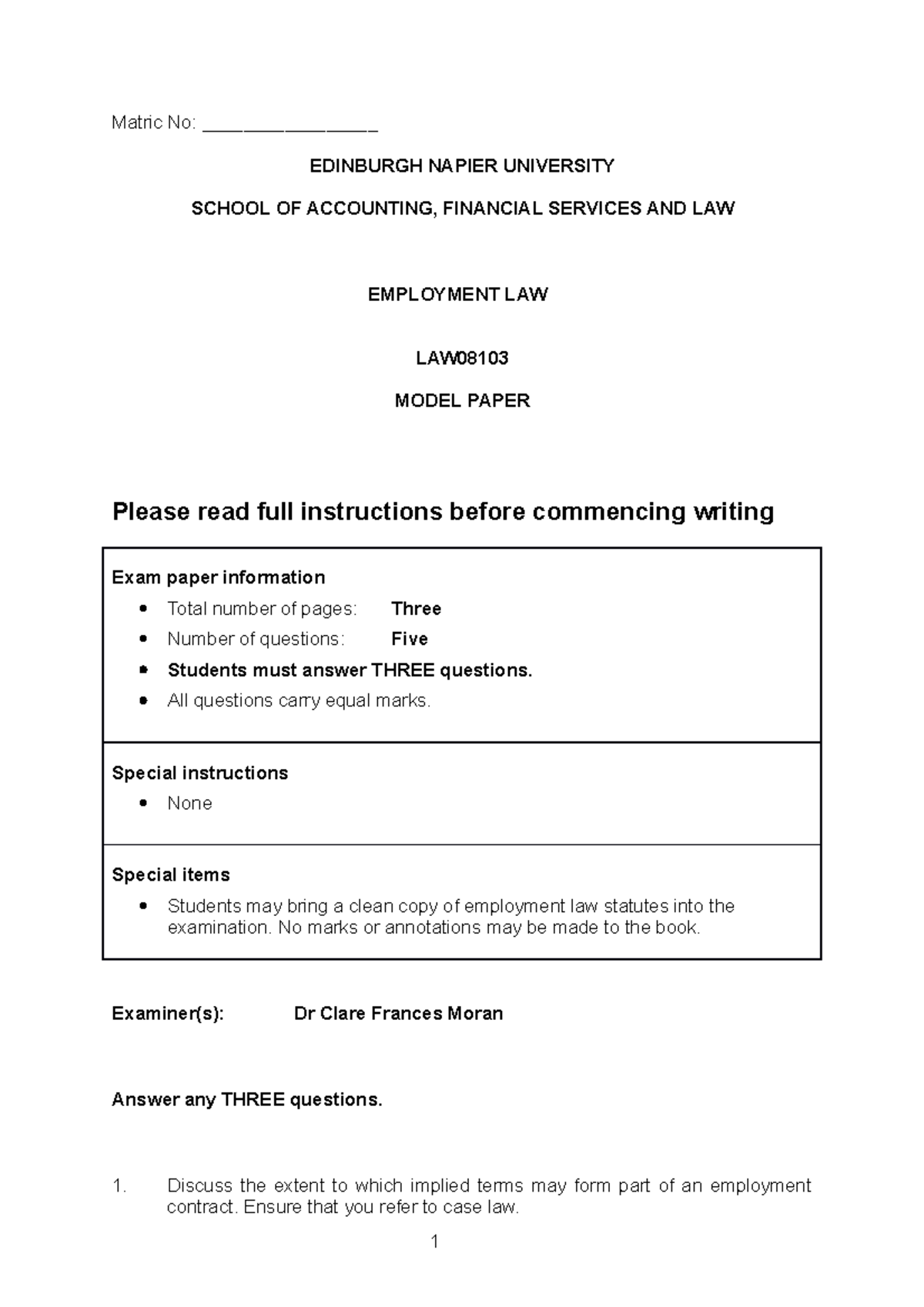Exam 2017, questions and answers - Matric No ...
