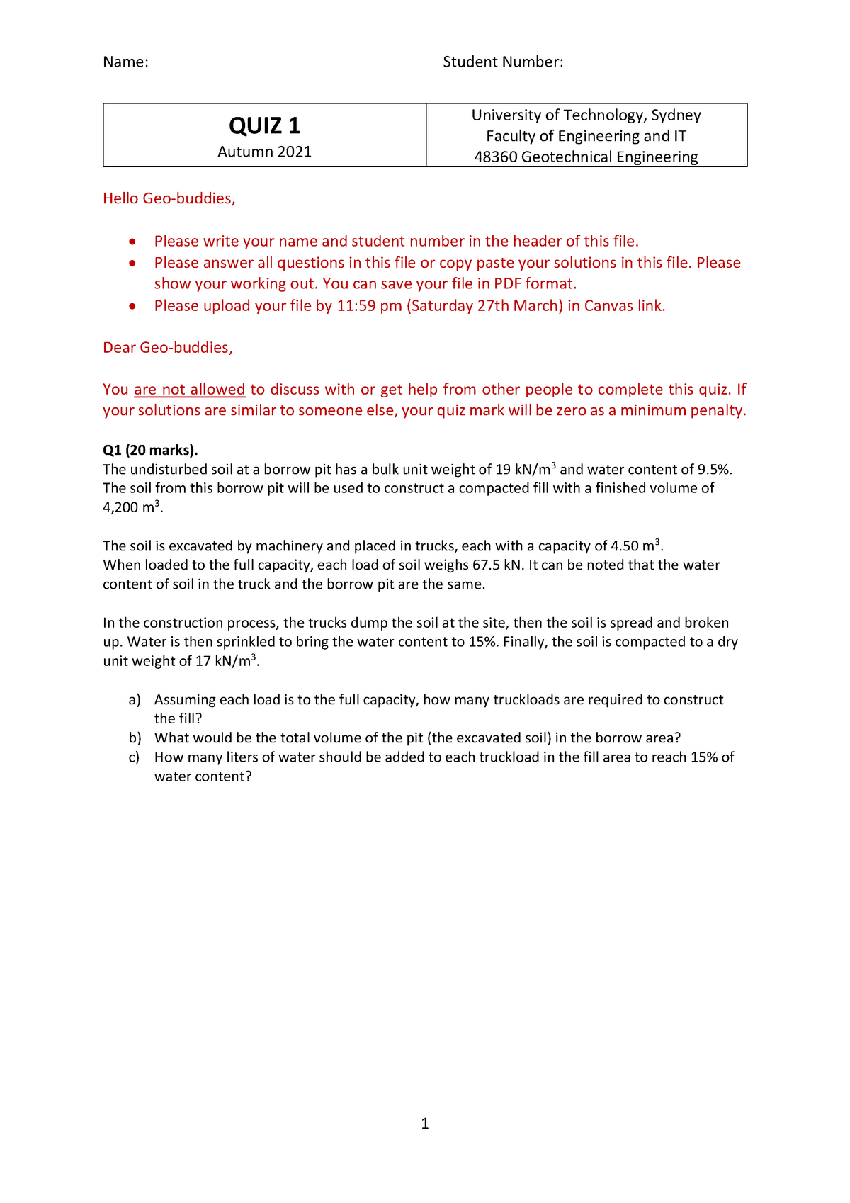 Quiz 2 GE 21a Geotechnical Quiz 2 Week 4-8 - QUIZ 1 Autumn 2021 ...