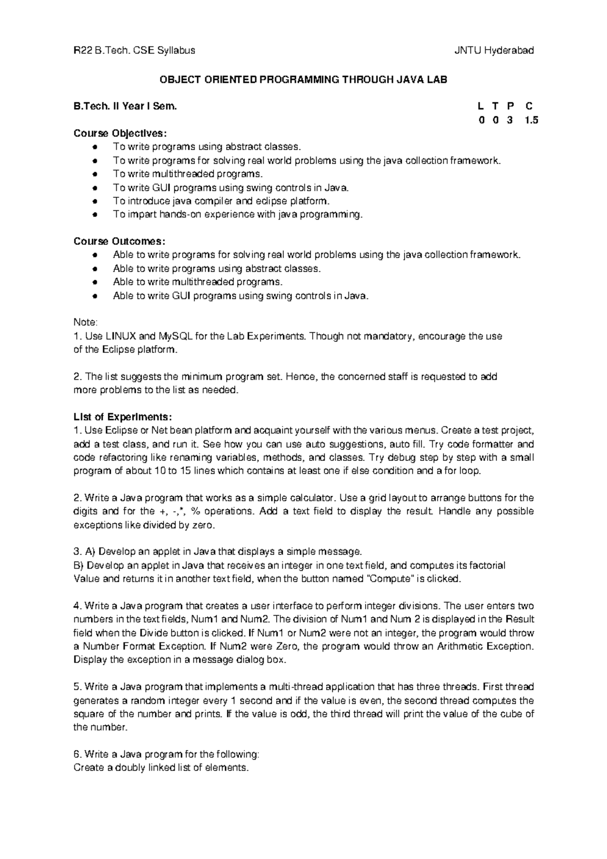 Oops lab syllabus - hai - R22 B. CSE Syllabus JNTU Hyderabad OBJECT ...