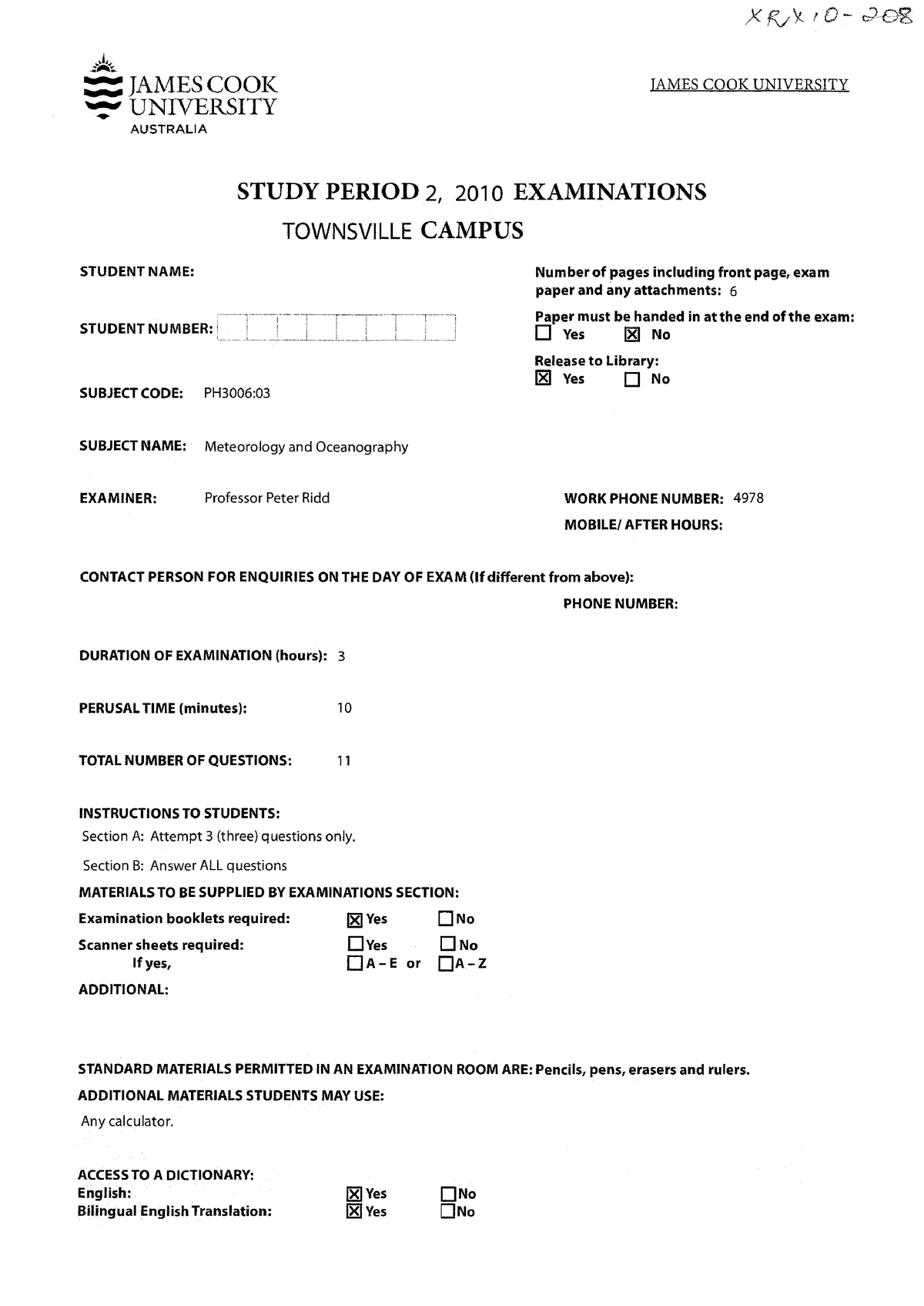 Exam 2010, questions . . JAMES COOK lAMES COOK UNIVERSITY UNIVERSITY