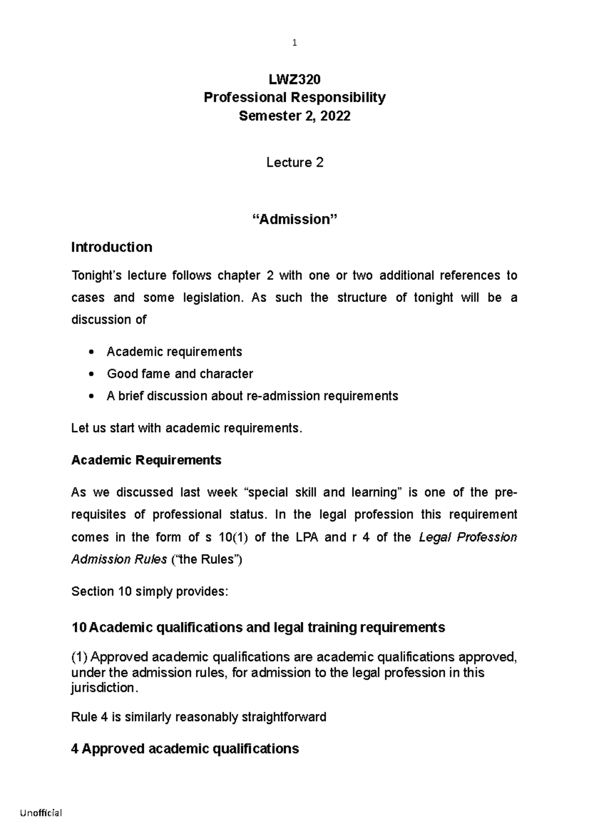 Week 2 - Admissions - Note - LWZ Professional Responsibility Semester 2 ...